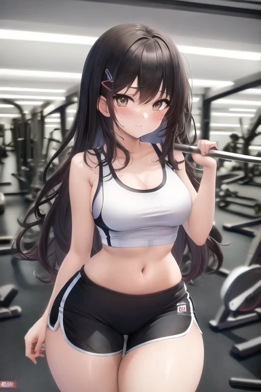 masterpiece, best quality, 1girl, black hair, long hair, brown eyes, cute, gym, (tight gym shorts, tight gym tank top:1.4), (slim waist, curvy, thick thighs, wide hips:1.1)