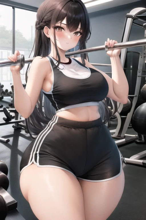 masterpiece, best quality, 1girl, black hair, long hair, brown eyes, cute, gym, (tight gym shorts, tight gym tank top:1.4), (slim waist, curvy, thick thighs, wide hips:1.1)