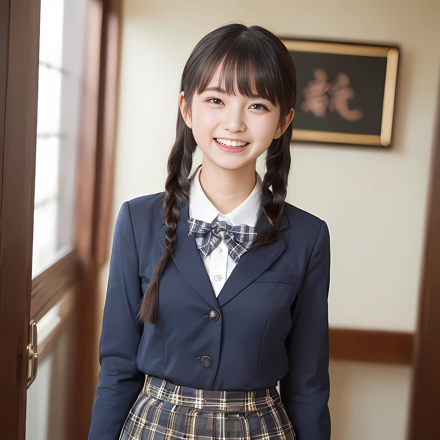 (highest quality、masterpiece:1.2)、highest quality、Realistic、photograph、High resolution、1080p、8K、The face is especially pale., Physical Rendering、((Height: 155cm)), one Japanese girl、((Siren in the form of a 15-year-old Japanese junior high school student)), (((((Siren, a beautiful fashion model from a Japanese magazine, is trying to grab the viewer with both hands and play a prank on him.))))), , (((big very detailed beautiful dark brown eyes))), ((blue girly large wine-red glossy polyester Japanese school ribbon bow tie)), (((black very beautiful and very very long braids hair))), ((((deep blue colored tartan checkered formal long pleated pleated skirt)))), ((A unpatterned formal dark blue blazer in solid that is slightly oversized and has an emblem on the left chest.)), (((((((laughing at me!))))))), Mouth open, The large blazer and skirt are very cute., detailed fingers, Slender body, ((curled bangs)), so beautiful, ((Very large and very very very cute eyes of a Japanese girl, drawn with great care and attention to detail.)), double eyelids, Thin eyebrows, ((drooping eyes)), (((very long eyelashes))), ((cute lovely lovely laughing laughing cheeks)), ((Pure white light hits her face from above and in the front, making her skin and eyes shine beautifully.)), ((Strong light hits the nose and cheeks、It brings out the richness of the expression.)), (((((She has a rich expression, a pure and very cute face, and a very intelligent face.)))))