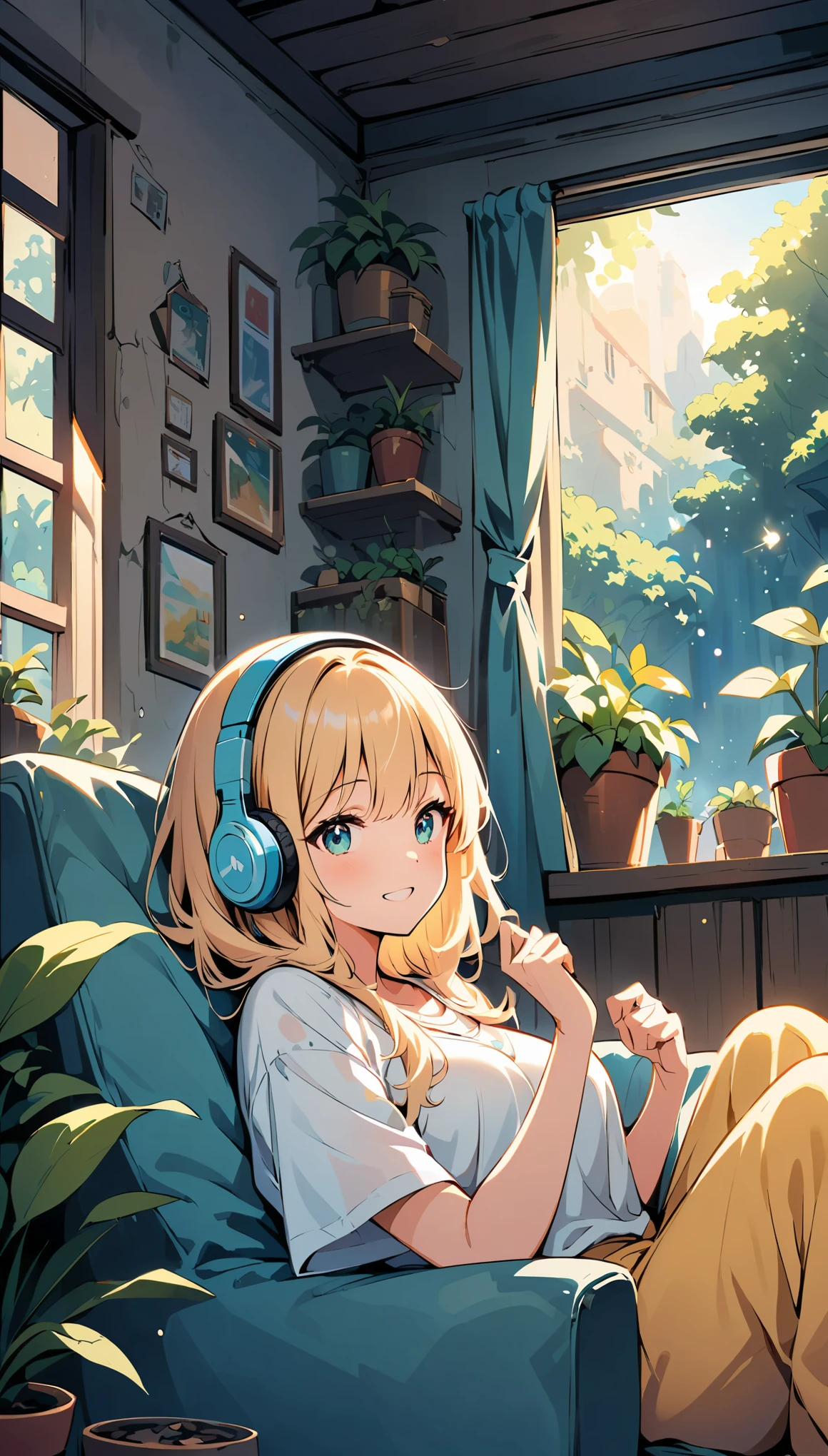 (Woman wearing headphones and relaxing)、An illustration、pastel colour、Soft lighting、Peaceful atmosphere、Cozy environment、Comfortable seats、Beautiful plants and flowers、comfortable clothing、Relaxed posture、Lively music playing in the background、The blissful look on her face、A relaxed and calm atmosphere、Well-ventilated space々room、Extra cushioning for extra comfort、A subtle hint of sunlight streaming through the window、subtle bokeh effect、A gentle breeze rustling the curtains、transcendental experience、A fun and carefree spirit、Symbolic expression of relaxation and inner peace。