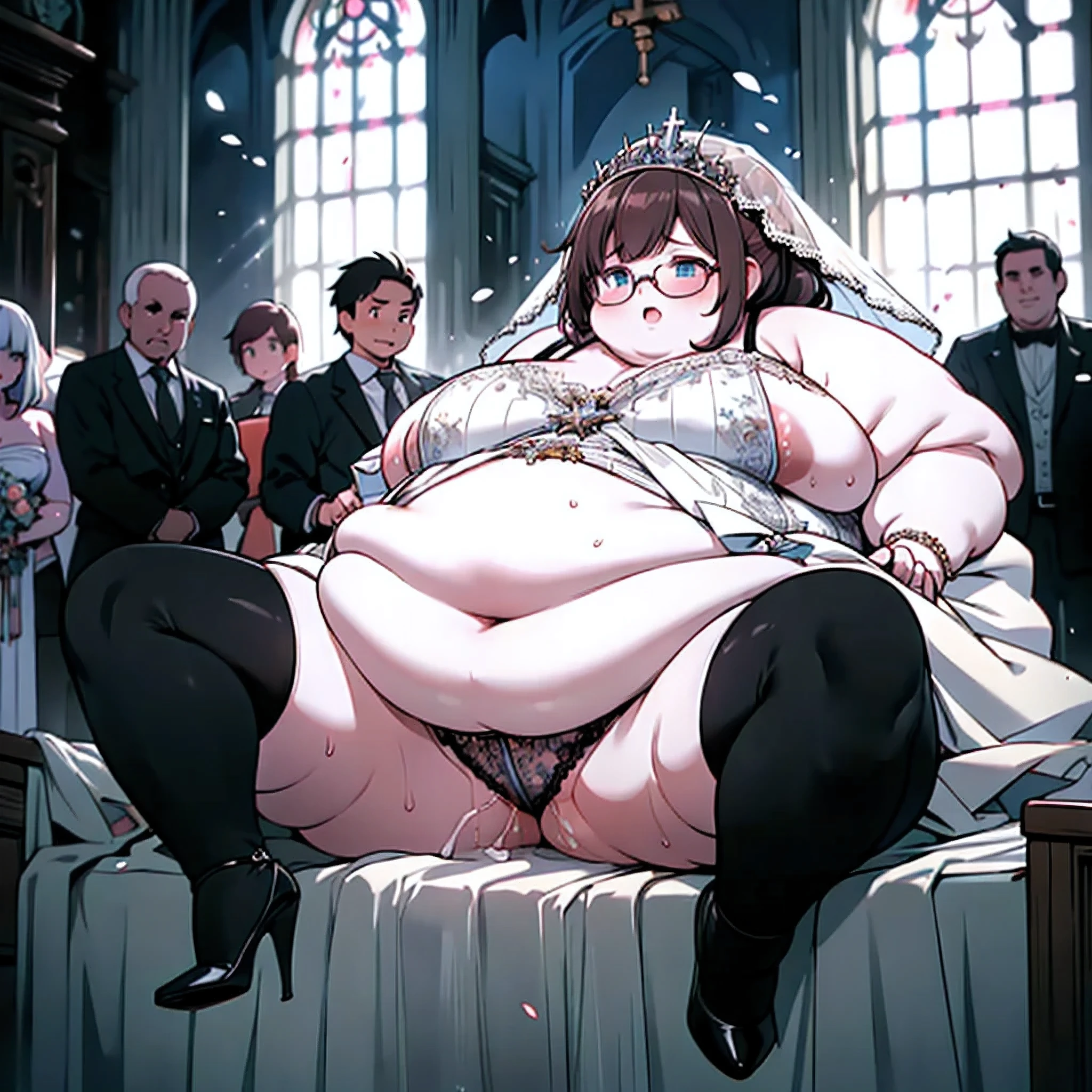 plump,(Masterpiece, best quality, highres:1.4),sagging breasts,milf,(big belly:1.5),brown hair,pussy juice, low ponytail,thick leg,thick arm,(fat girl:1.3), lower cut glasses,(huge breasts:1.2),sweaty skin, white woman, (USSBBW:1.3), (fatblob:1.4),(double chin:1.3),up arms,crying,(chubby face:1.4),white high heel,(wedding dress:1.2),princess-line wedding dress,wedding veil,Oscar de la Renta,church,panties,tanga,tentacle bound wrists,lift leg,shout,open mouth