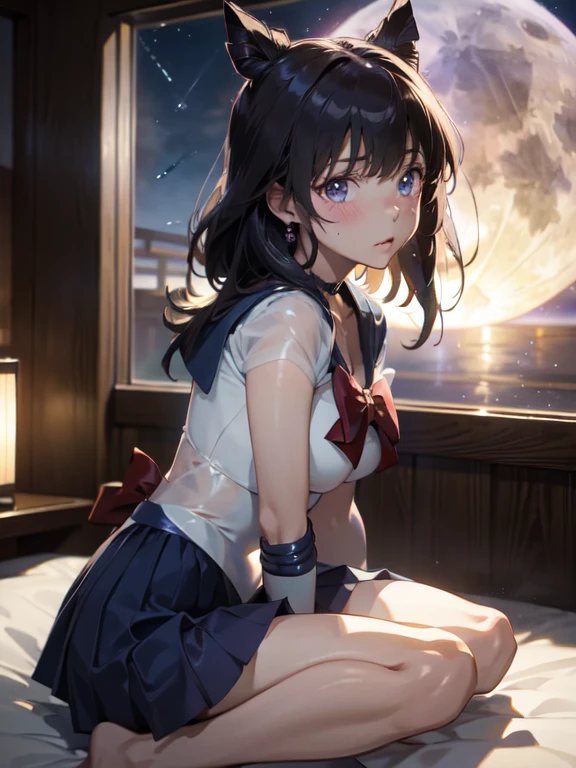 master piece,best quality,ultra detailed,8k,
ambient light,realistic skin,glossy skin,
(sailor_saturn)、sailor moon outfit、leaning forward、lie on bed、
(lie face down:1.3)、(the body is very wet:1.5)、yukata、Glossy lips、Slightly emphasize the lower lip、blush、Embarrassed expression、emphasizing the cleavage、
Fantastic night sky、full moon、Aurora、horizon、Open-air bath、Japanese inn、futon