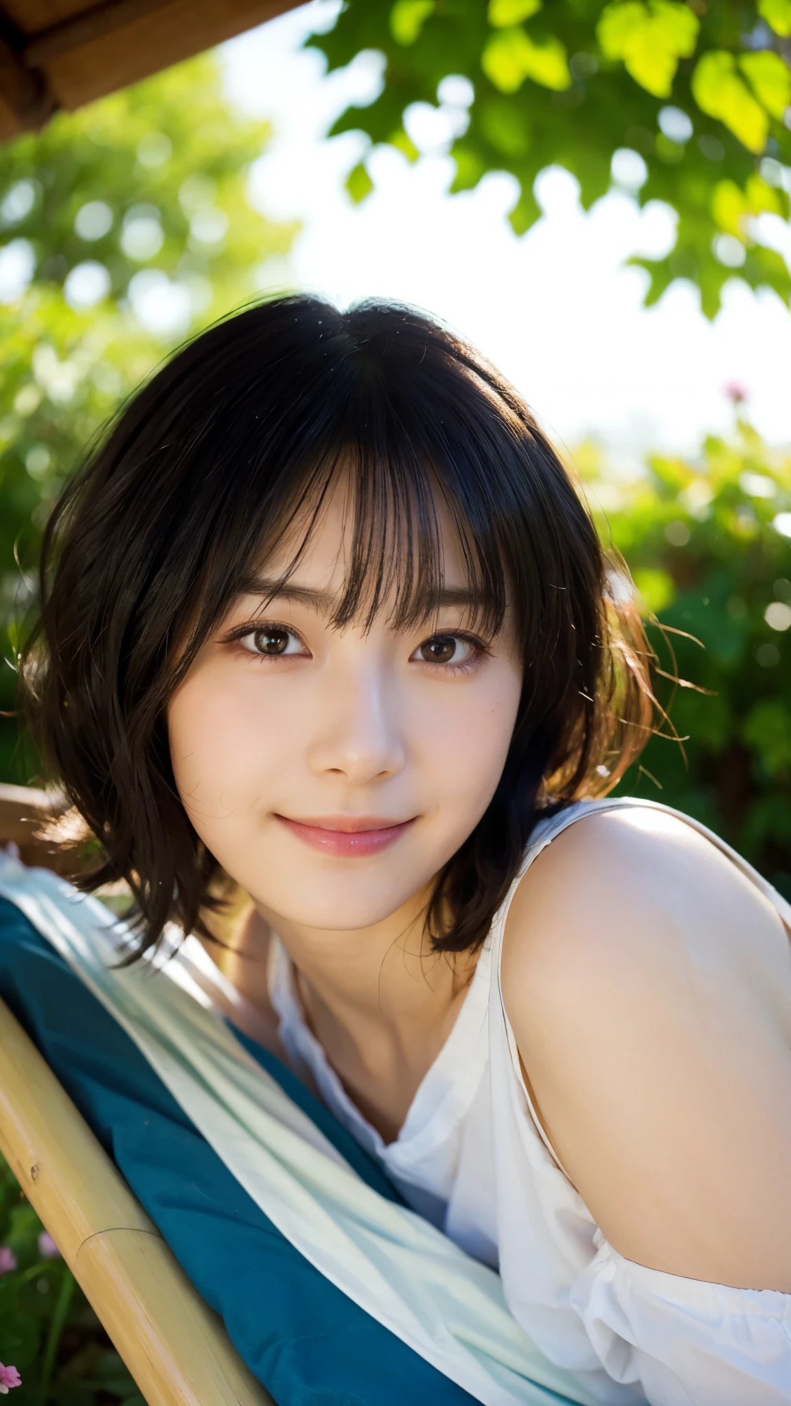 (highest quality,masterpiece:1.3,Ultra-high resolution),(Super detailed,Caustics,8k),(Photorealistic:1.4,RAW shooting),(Girl lying on a deckchair),18-year-old,cute,Japanese,Short black hair that curls outwards, (White shirt),(smile),Looking into the camera,(Warm spring sunshine),(Wrapped in soft backlight:1.1),(garden), (Bust up shot), (Face Focus), (Face close-up),(Front shot),Natural light