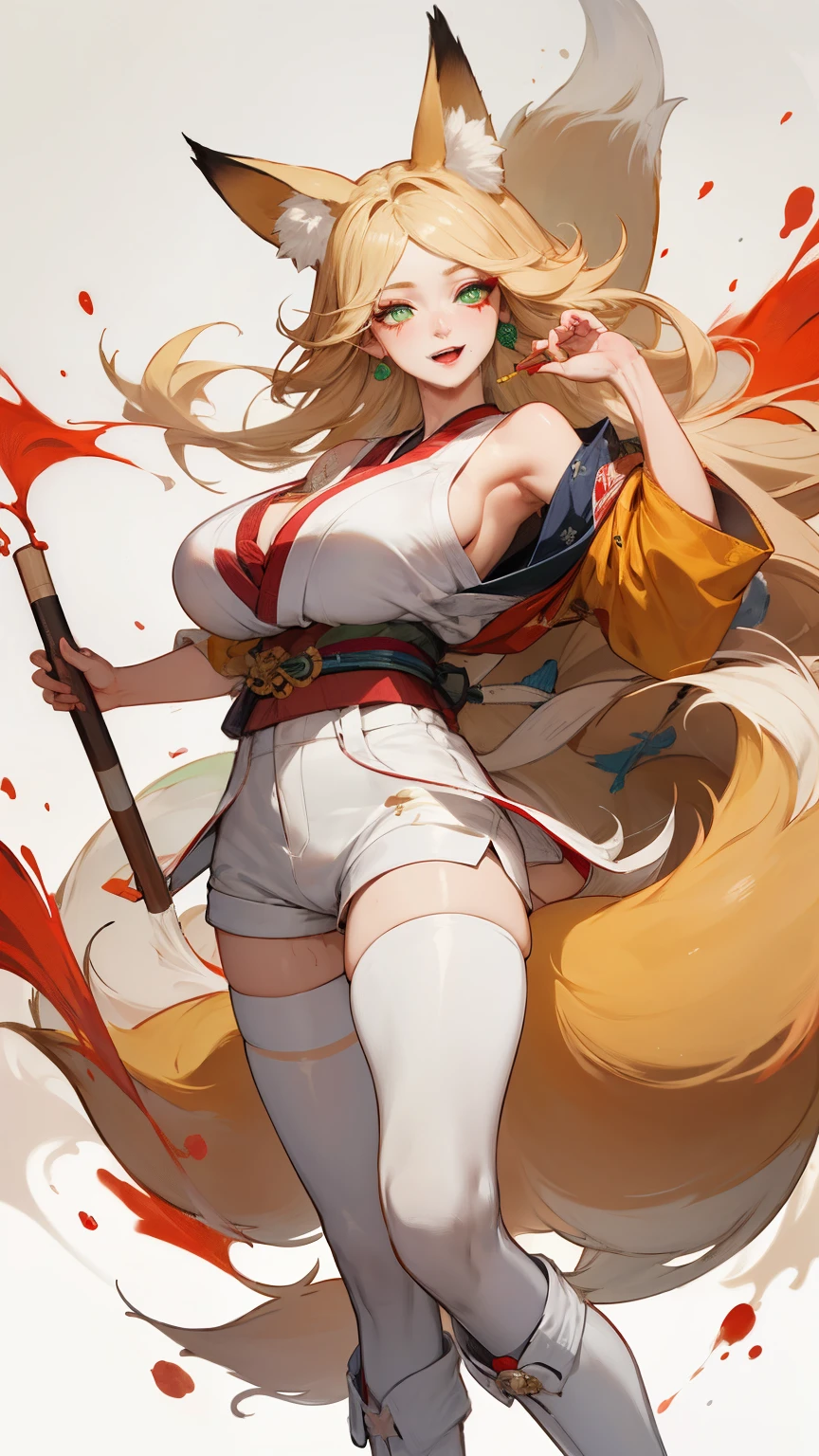 Upper body standing painting, Vision, panoramic, Honey, Solitary, Fair skin, (Fox ears), Exquisite eyes, Facial details, Green Eyes, Red Eyeshadow, lips are red，white shorts,  Fake laugh, Ukiyo-e, masterpiece, high quality,White boots，Huge breasts，Leaking out of the shoulder，leaking breasts，White tights