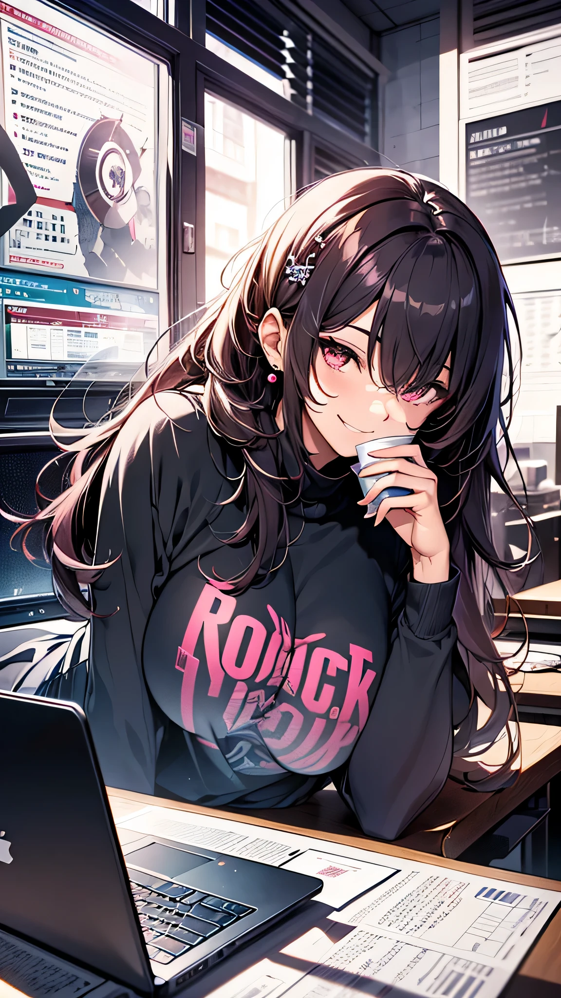 最high quality、Best image quality、masterpiece、girl((20-year-old、 By becoming、Best Bust、Medium Bust,Wide open breast tea、red glowing eyes, Black and red hair、Disheveled Hair、Long Hair、thin,The highest valley、Black open-neck short-sleeved shirt(1:2)、Open chest、White wristband、smile、Leaning forward、hair ornaments、have a laptop、Side angle、Lointail)),high quality、Beautiful art、background((White computer room、Coffee cup、line of light、Whiteboard、graffiti))、Flight、Flying debris、Written boundary depth、movie、Visual Arts、Perfect art、8K,Genuine、