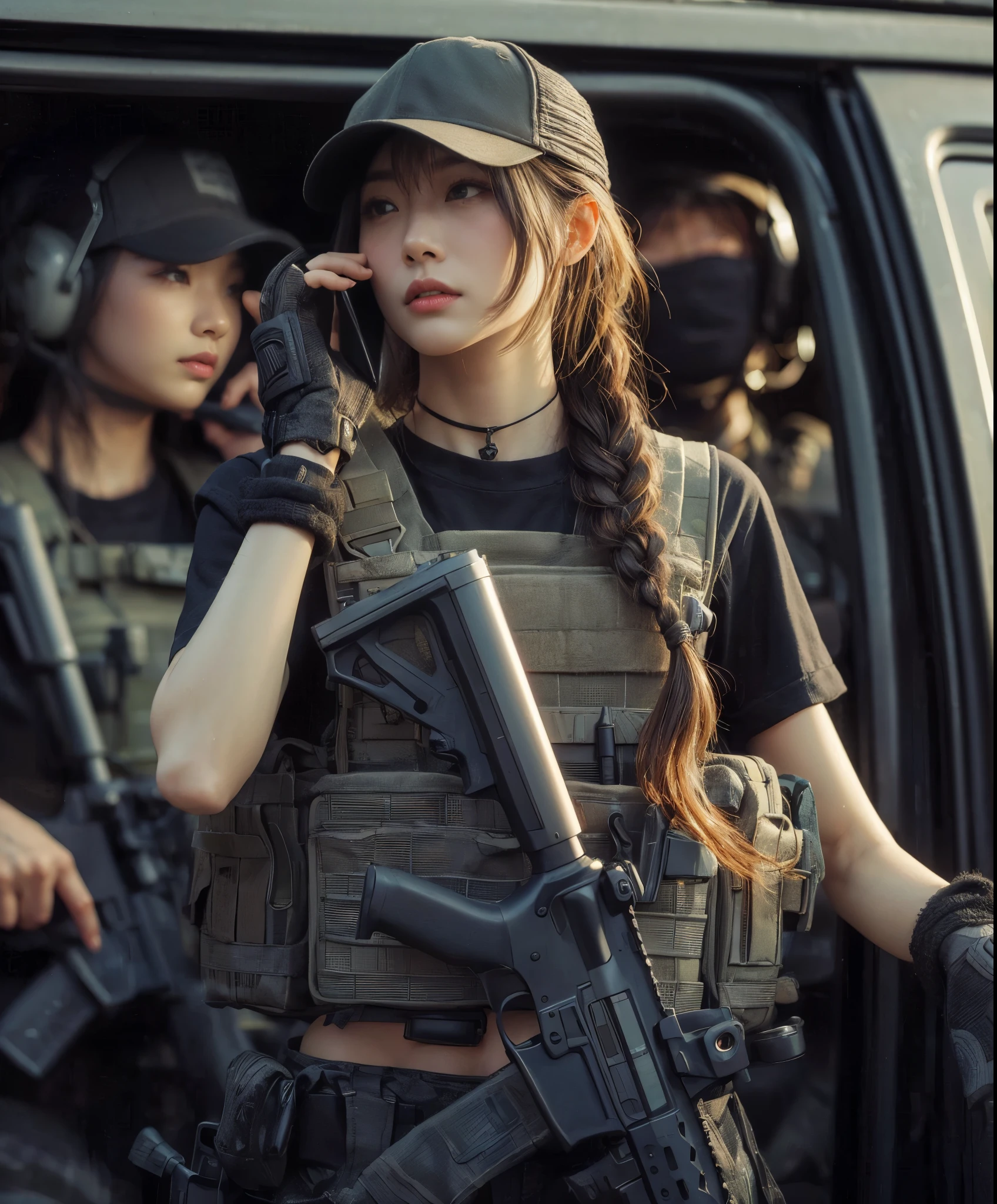 (best quality,8k,photorealistic:1.37),realistic skin texture,beautiful Japanese American Navy SEALs female member,automatic rifle,breaching team,faces,front of a personnel transport van,cap,braids,military pants,boots,tattoo,black T-shirt,body armor,looking through the window of a car from the outside,talking to the driver,toned physique,interesting composition