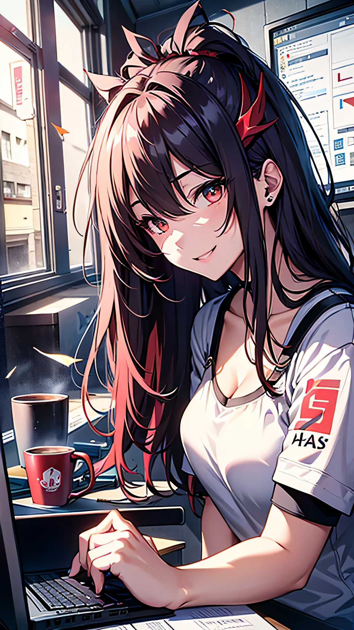 最high quality、Best image quality、masterpiece、girl((20-year-old、 By becoming、Best Bust、Medium Bust,Wide open breast tea、red glowing eyes, Black and red hair、Disheveled Hair、Long Hair、thin,The highest valley、Black open-neck short-sleeved shirt(1:2)、Open chest、White wristband、smile、Leaning forward、hair ornaments、have a laptop、Side angle、Lointail)),high quality、Beautiful art、background((White computer room、Coffee cup、line of light、Whiteboard、graffiti))、Flight、Flying debris、Written boundary depth、movie、Visual Arts、Perfect art、8K,Genuine、