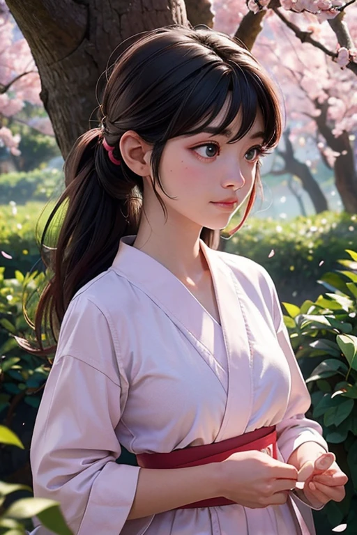 Imagina a Ranma-chan en un momento de calma en medio de un campo de cerezos en flor.. ella esta en su forma femenina, con su largo cabello rojo que fluye atrapando la suave brisa. His eyes express a mix of determination and serenity as he prepares for a martial arts training session.... Cherry petals dance around., creando un suave, Ethereal environment. Tu postura es segura, pero relajado, reflejando su habilidad como luchadora. Los colores son vibrantes y ricos., con suaves tonos de rosa y verde para el paisaje, resaltando la belleza natural del entorno. Sunlight filtering through the leaves of the trees adds a sense of warmth and tranquility to the scene... Make sure to capture the subtle details of Ranma-chan's face., highlighting their unique characteristics, maintaining a sense of realism and depth.. This work of art should evoke a feeling of calm and power., mostrando a Ranma-chan en su elemento mientras se conecta con la naturaleza y su propia fuerza interior.