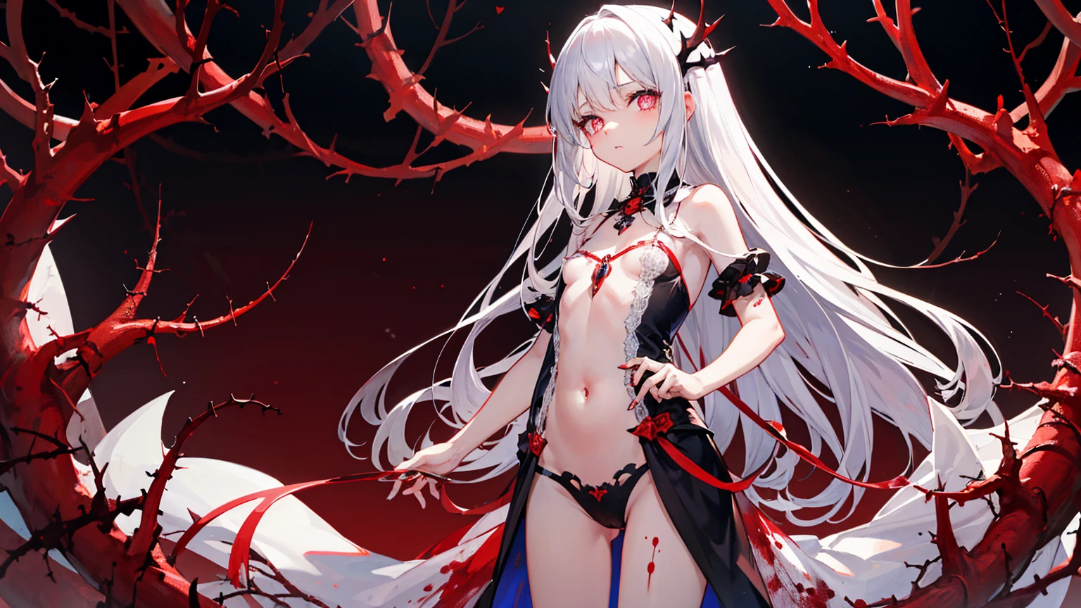 individual，masterpiece, Top quality, Very detailed, Unity 8K Wallpaper，Standing，Lean forward，Yandere，Yandere笑，flat chest，White long hair，Royal sister，White translucent lace nipple cover，Blood，Blood red thorns，Blood-colored pupils，Blood，Crotch