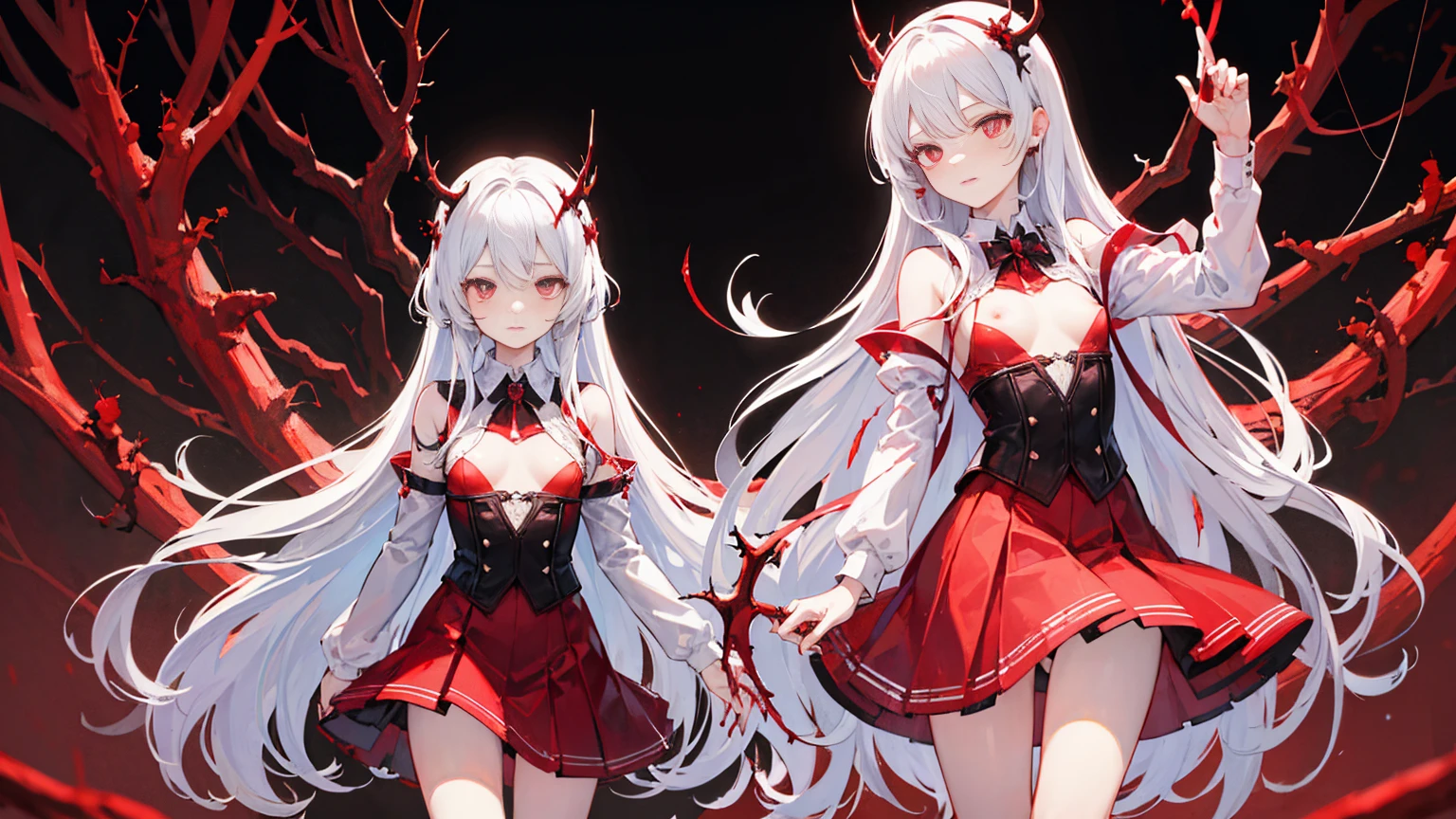 individual,masterpiece, Top quality, Very detailed, Unity 8K Wallpaper,Standing,Lean forward,Yandere,Yandere笑,flat chest,White long hair,Royal sister,White translucent lace nipple cover,Blood,Blood red thorns,Blood-colored pupils,Blood,Crotch