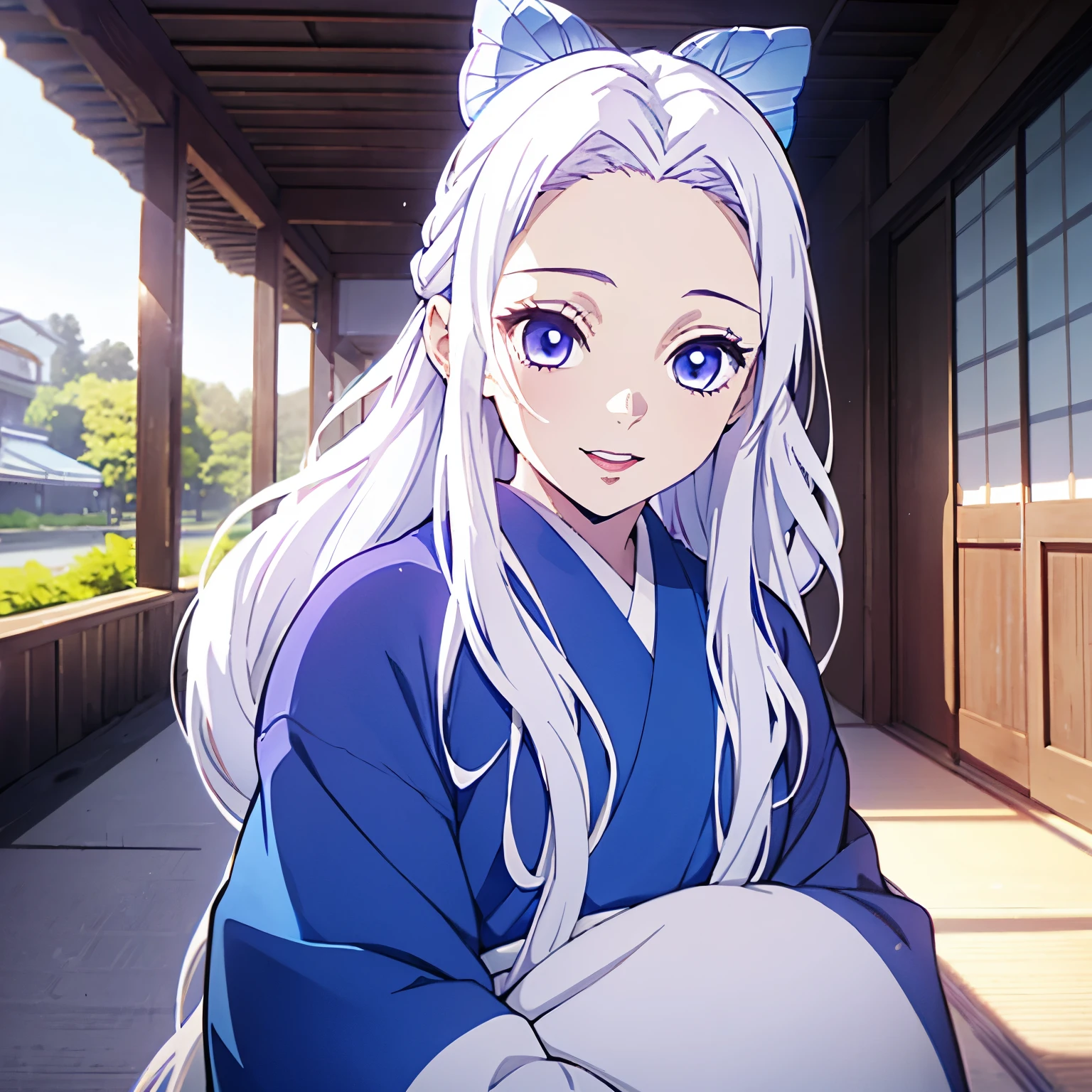 (1 girl, White long straight hair, blue eyes), purple kimono, white hair, smily eyes, room, face focus, (opened mouth), half-up, half-down hairstyle, one hair pin, one blue butterfly hair pin, japanese animation color style, vivid colors, from front, outdoor, day time,