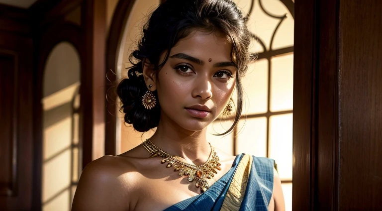 RAW, Best quality, high resolution, masterpiece: 1.3), Young Indian woman, hair tied in a messy bun, topless saree, strapless, garden, night, Detailed body, Detailed face, Ultra realistic, Charming, Cute, Big hazel eyes with long curly hair, Perfect fingers, Ambient lighting, Winter, Detailed background, 8k