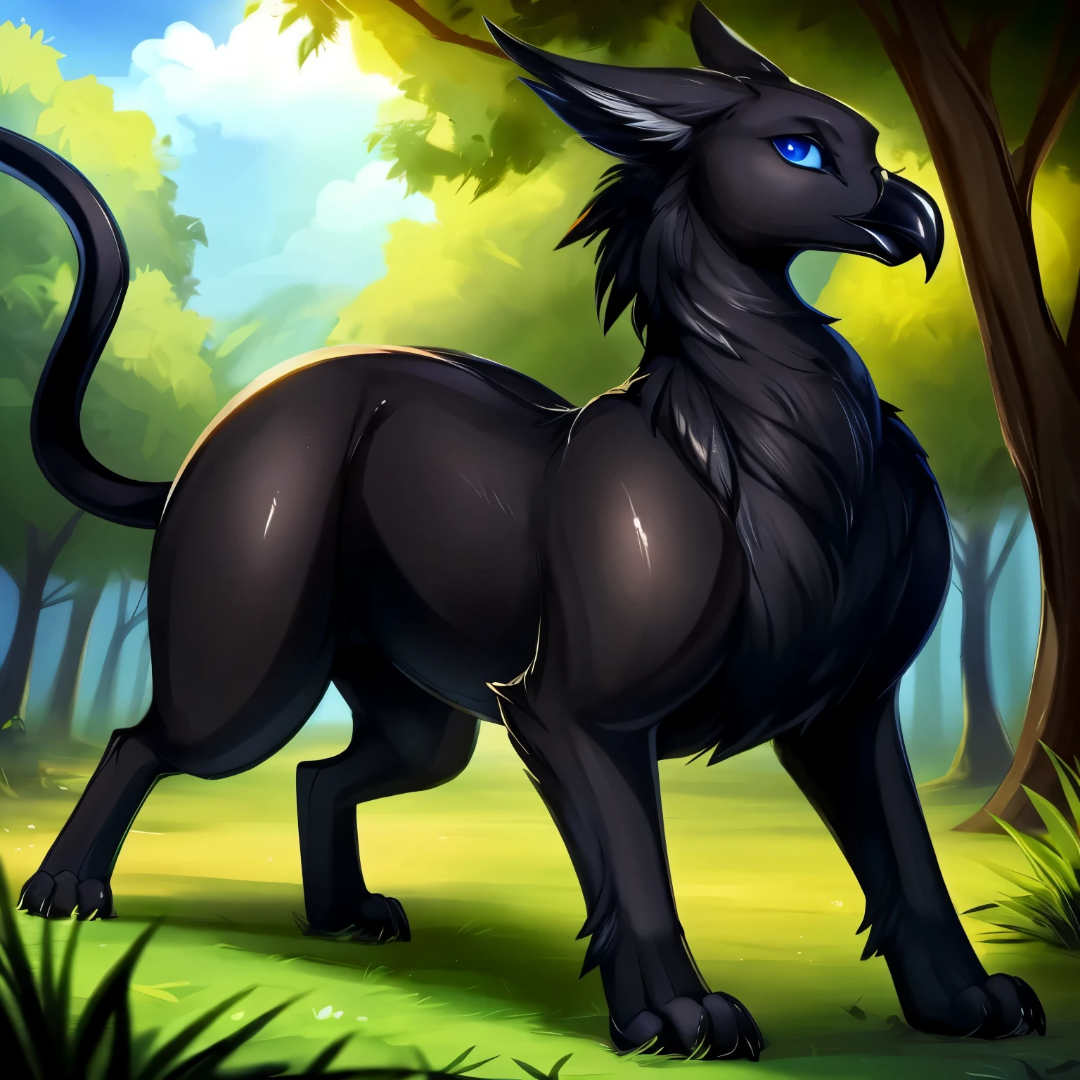 solo, (Black_gryphon), black_panther_body, (feral:1.8), quadruped, (all_black_body), (Crow_(beak:1.2)), really_glossy_skin, (clear_coating), feminine_flatchested, female, :3, (by slugbox), (by shikaro), (by Inno-Sjoa), (by asaneman), [by Vksuika], bottomheavy, slightly_chubby, ((broad_hyper_wide_hips))), (prominent_wide_thigh_gap_1.5), large_anus, ((extremely_massive_plump_hyper_labia)), skinny_digitigrade_feet, normal_tail, (perfect_eyes), sexy, seductive, (1080p), (best quality), (masterpiece), digital_art,