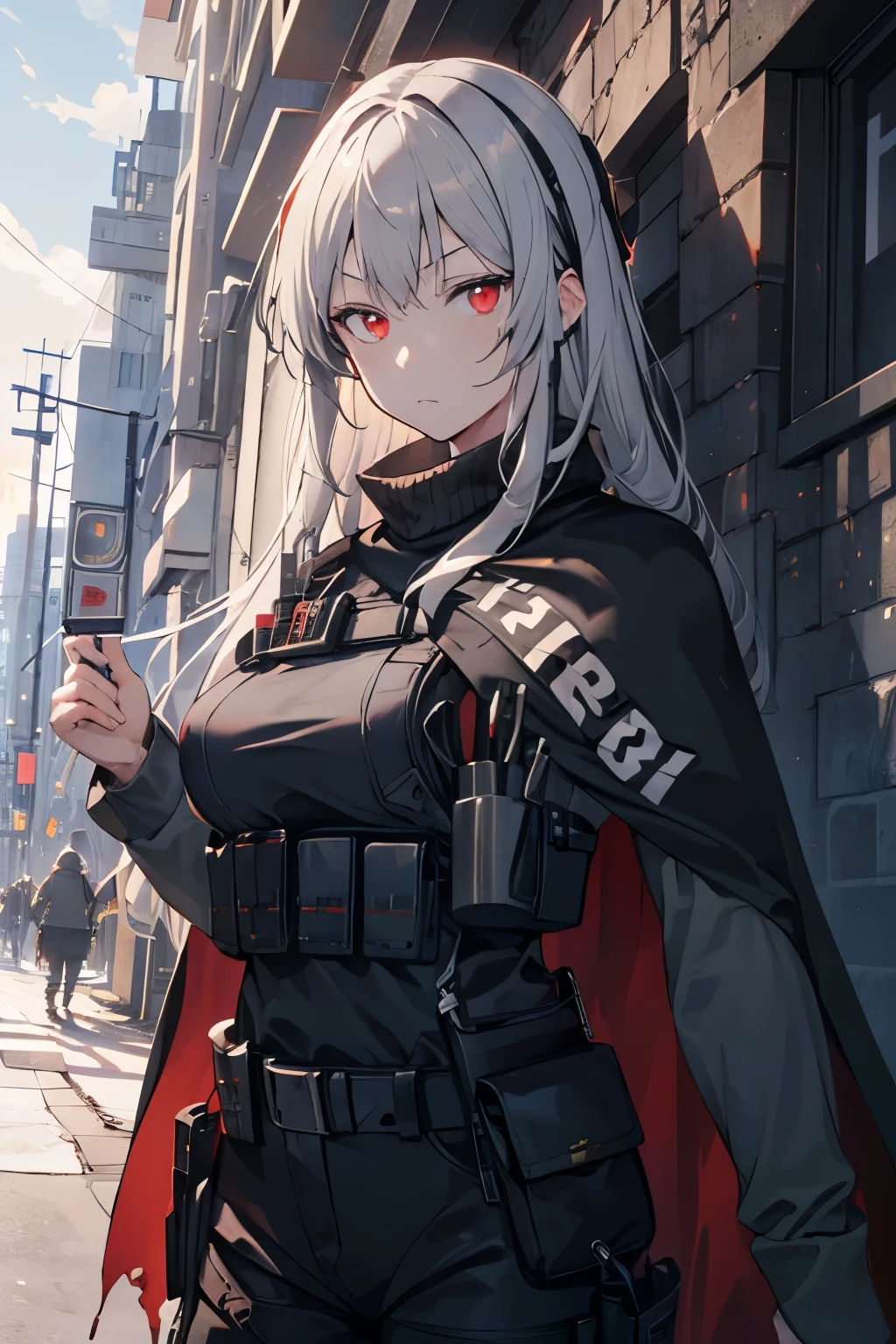 (best quality:1.3), (masterpiece:1.3), (illustration:1.3), (ultra-detailed:1.3), (mid shot:0.9), 1girl, large breasts, red eyes, long hair, ((military uniform, gray hair, cape)), nice hands, perfect hands, black coat, elegant, black uniform, long pants, hands on sides, evelyn, bangs, long hair, soldiers, serious expression, tall, mature, holster, long sleeves, blood, bloody, tactical vest,