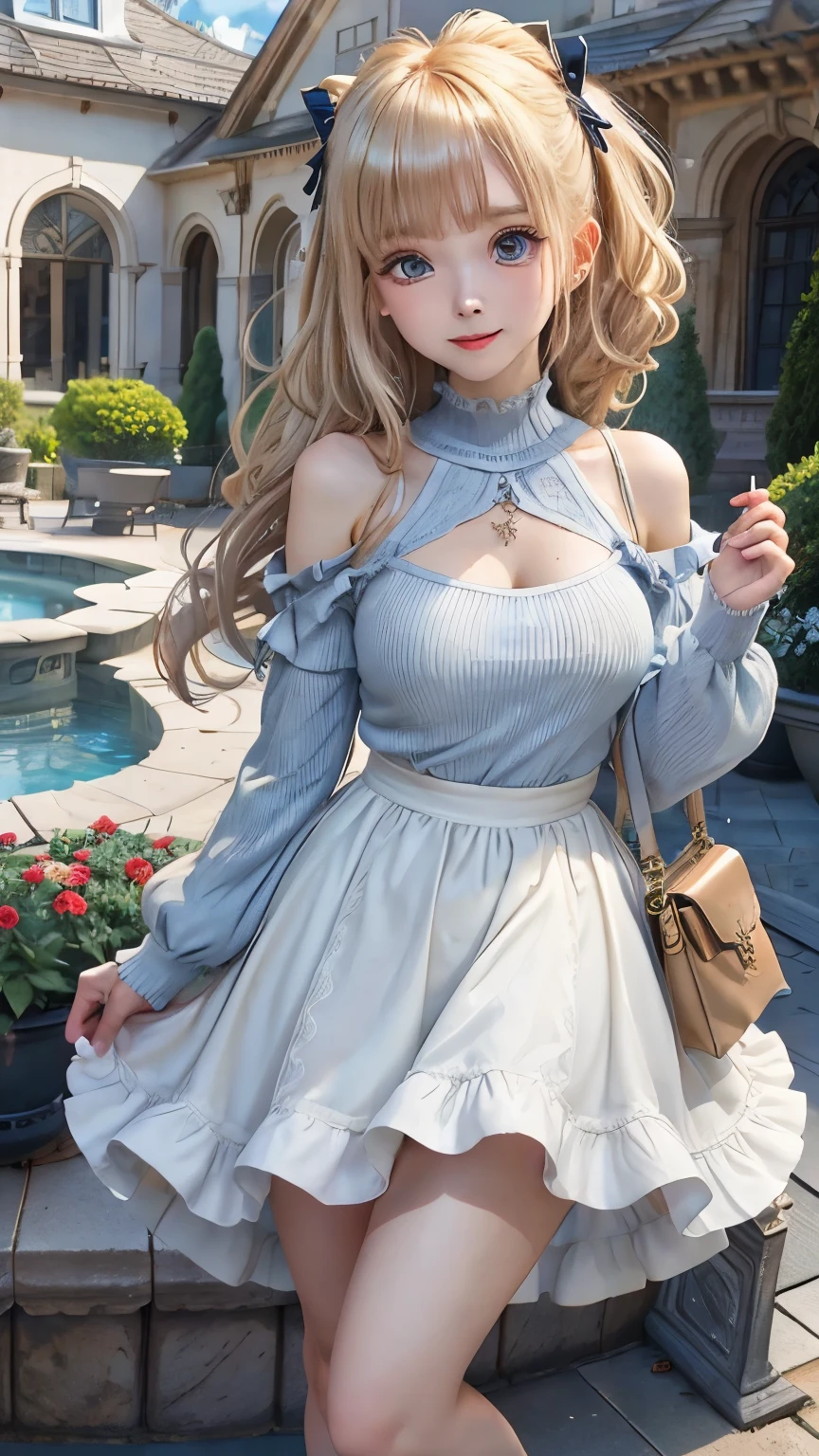 (masterpiece:1.2), (highest quality:1.2),, Curvy but slender body, Perfect Eyes, Perfect Face, Perfect lighting, 1 girl, in the garden, （The whole body is visible），（walking），（Knitted sweater），（cute gesture），（smile），（ponytail），Curly Hair, Quality clothing, Detailed outdoor background, Compensate, eye shadow, Thick eyelashes, Fantasy, Looking at the audience, whole body，Alice in Wonderland、blue sky、Bright and very beautiful face、Young and shiny white shiny skin、The ultimate beauty、The most beautiful light blonde hair in the world、thin hair、short hair、Shiny beautiful bangs、Shining crystal clear big blue eyes、Very beautiful lovely 17 year old most beautiful girl in the world、Small breasts
