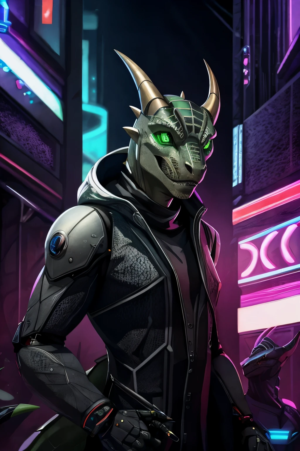 black argonian with one robotic, wearing a cloth parka, scales, horns, green lizard eyes, scar on left eye, reptilian features, detailed facial expression, slim body, humanoid reptile, fierce-looking appearance, leader stance, sci-fi fantasy, work place atmosphere, metallic texture, realistic reptile skin, detailed mechanical arm, intricate robotic details, cyberpunk elements, advanced technology, dynamic pose, intense gaze, dramatic lighting, dystopian setting, neon colors, nightclub background
