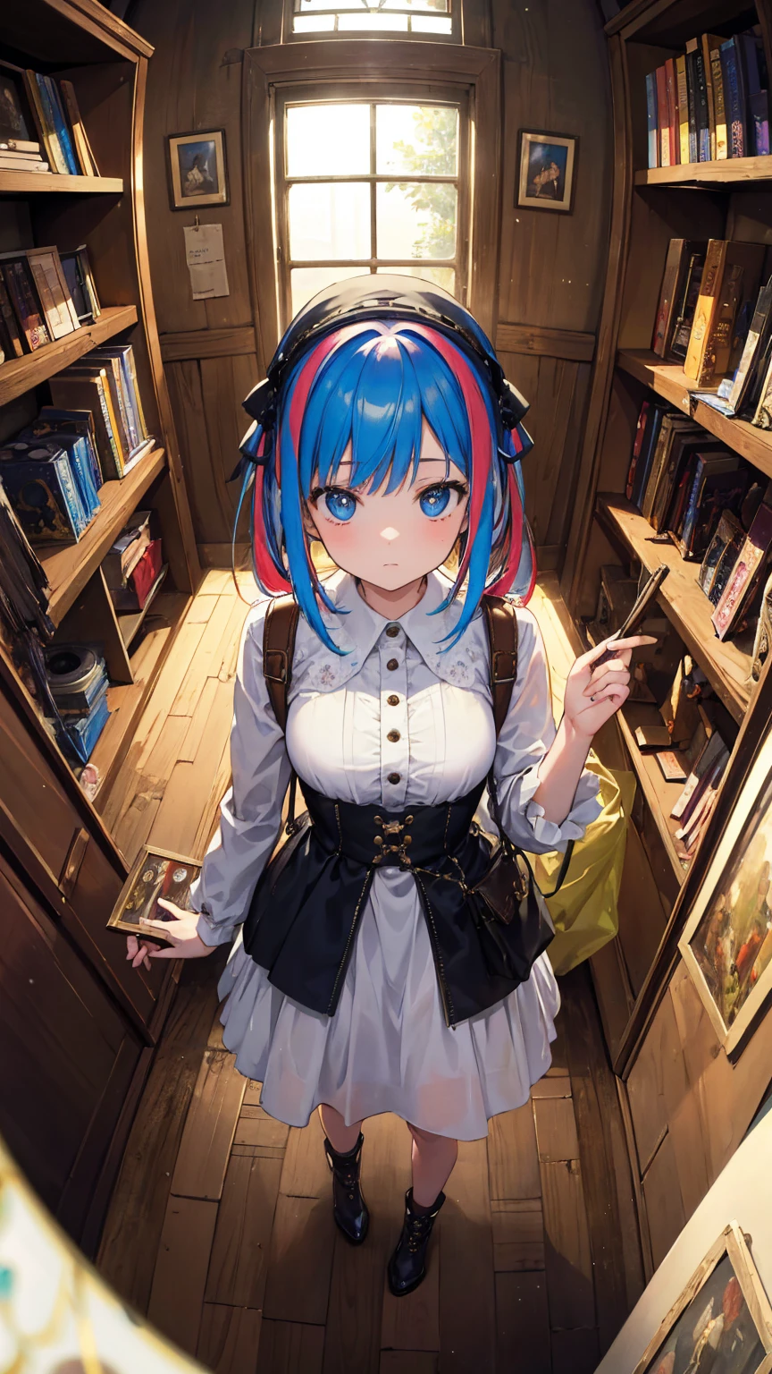 (masterpiece, best quality), (colorful:1.4), from above, solo, 1girl standing in a haunted antique shop with eerie artifacts on the shelves and a bag of cursed relics, depth of field, fisheye lens