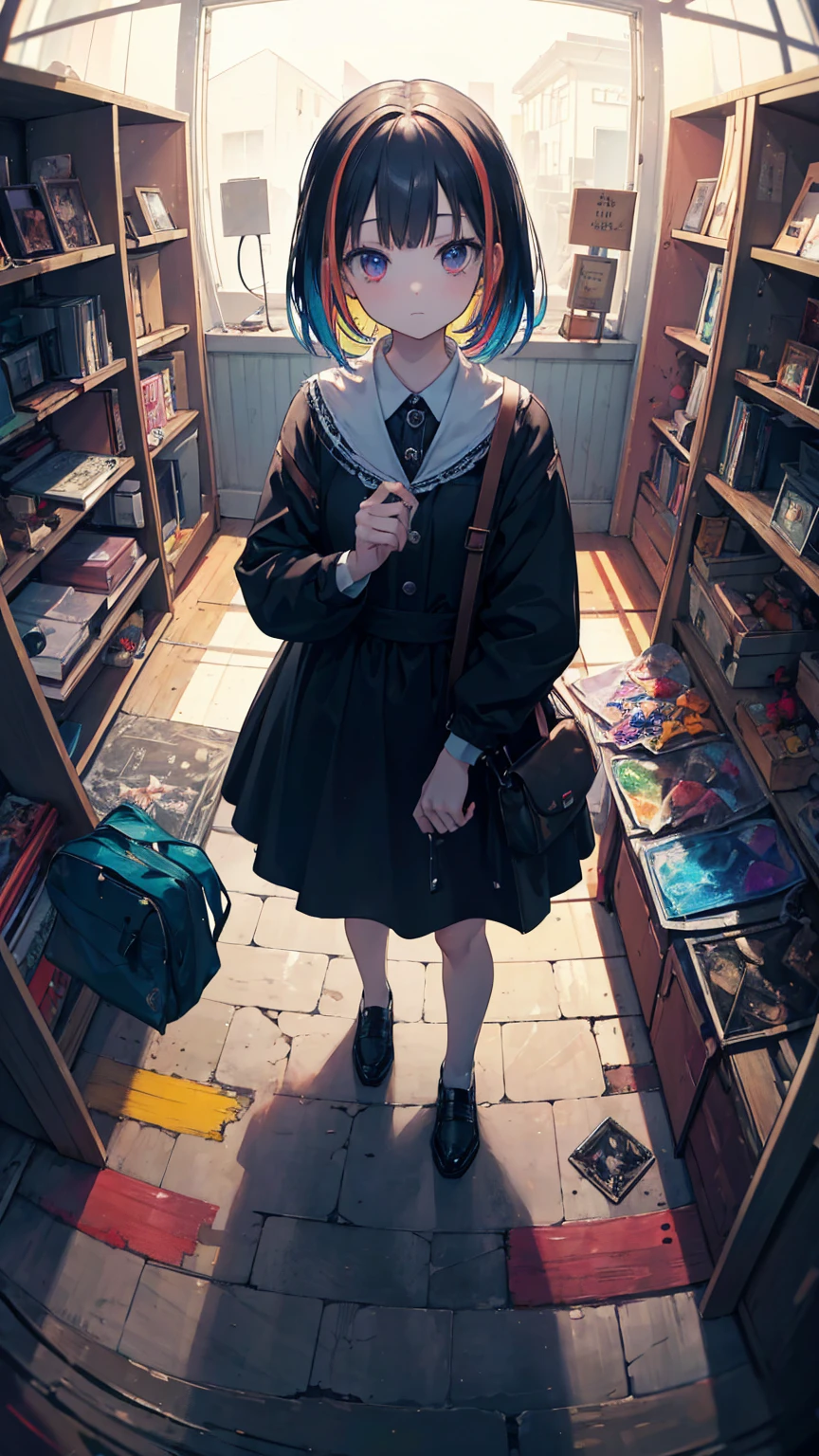 (masterpiece, best quality), (colorful:1.4), from above, solo, 1girl standing in a deserted asylum gift store with creepy dolls on display and a bag of asylum mementos, depth of field, fisheye lens