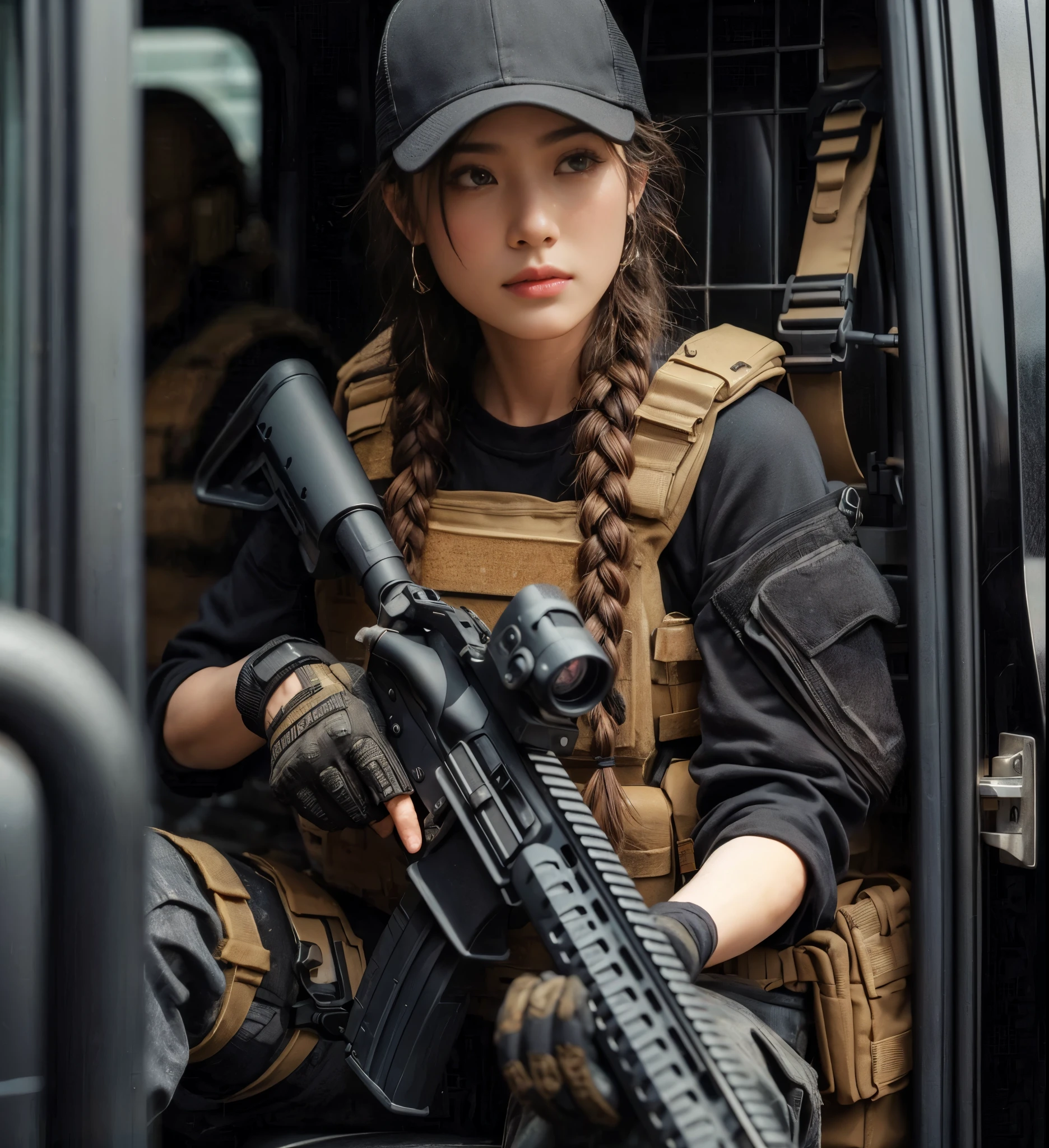 (best quality,8k,photorealistic:1.37),realistic skin texture,beautiful Japanese American Navy SEALs female member,automatic rifle,breaching team,faces,front of a personnel transport van,cap,braids,military pants,boots,tattoo,black T-shirt,body armor,looking through the window of a car from the outside,talking to the driver,toned physique,interesting composition