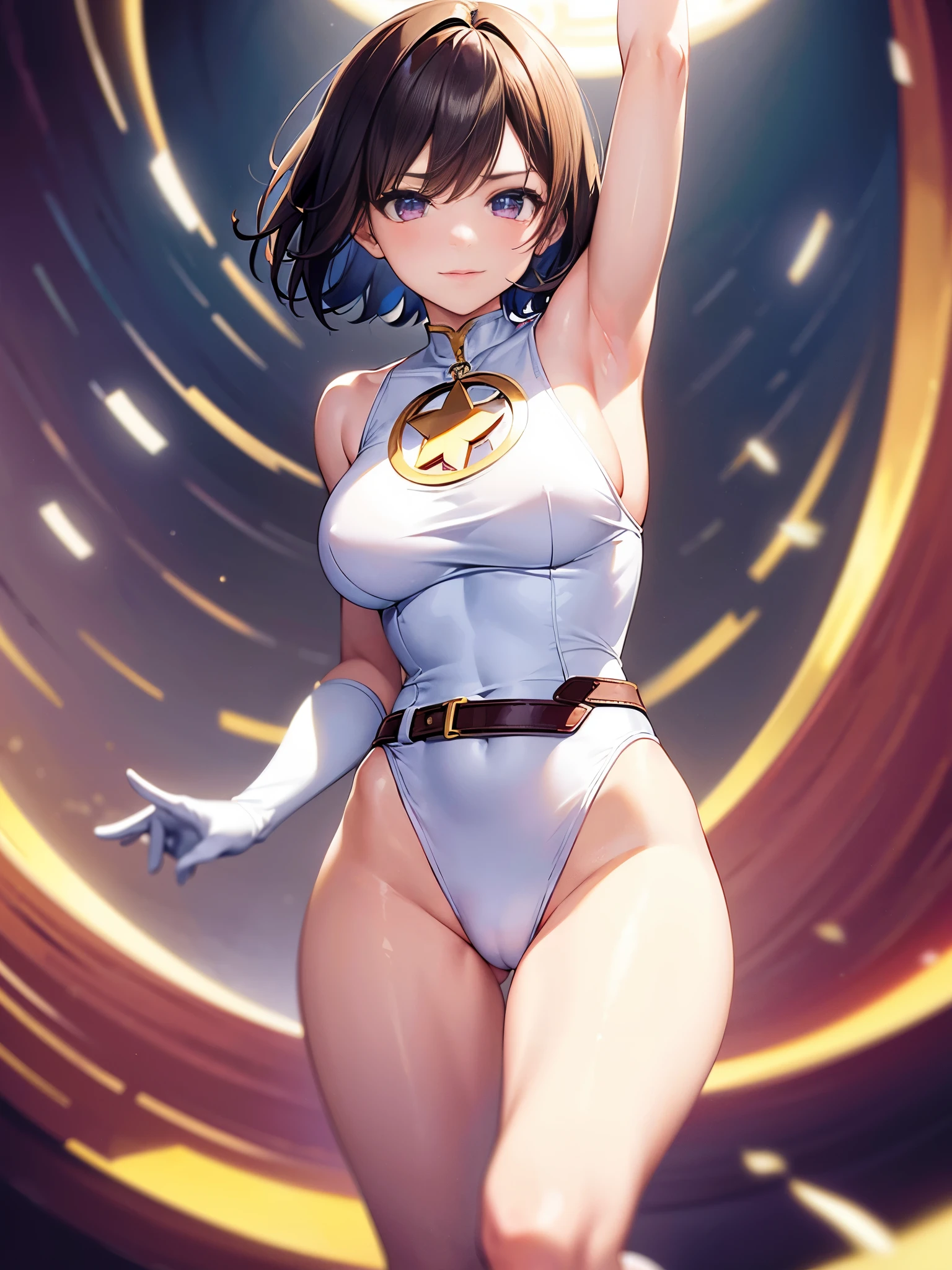 1girl, medium breasts, leotard, white and red leotard, bare legs, ((tight belt, gold belt)), boots, matching boots, ankle boots, white boots, gloves, white gloves, solo, single, hands on hip, standing, full body shot, cowboy shot, superhero, beautiful detailed eyes, mature lady, ((gold star symbol on chest)), brown hair, short hair, bob hair, purple eyes, sleeveless, perfect hands, complete fingers, perfect anatomy, perfect proportions, masterpiece. spread arms, spinning, spins fast in place like a tornado, twirling in place, tornado spinning, rapid gyration, space backdrop, motion blur, speed lines, tornado, time warp, spiral lines around