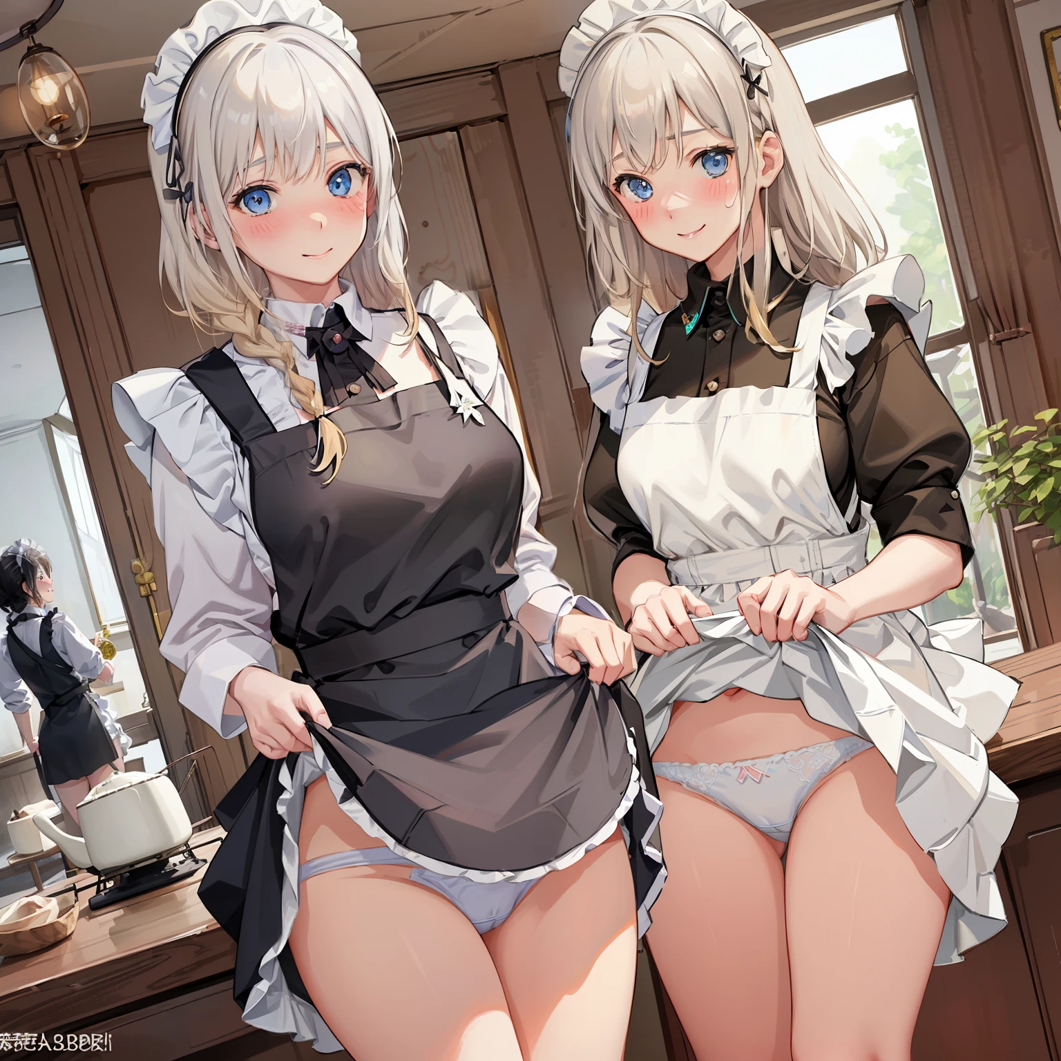 highest quality、masterpiece、((2 girls))、((smile))、(blush:1.3)、Black Shirt、blouse、((fun!!))、(Small breasts)、(single braid)、(Blonde)、()、((White apron:1.5))、((Maid))、((hair ornaments)),、Kamimei、look at me、 ((in house:1.5))、 Taking a break from watching the audience、Cowboy Shot、(skirt lift:1.3),(Highly detailed white panties:1.3)、(Highly detailed panties:1.3)、、(スカート that rolls up:1.3)、(Panties fully exposed:1.5)、Light blue eyes、