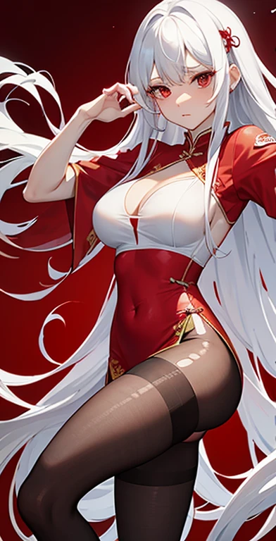 torn red cheongsam,long white hair,Low-cut clothes,Huge breasts,Torn black pantyhose,groin,胸前Holes in clothes,胸前Clothes Damaged,Holes in clothes,Clothes Damaged,Battle damage,severely injured,Wipe the blood from the corner of your mouth with your hand