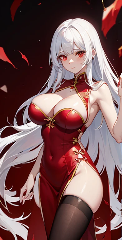 torn red cheongsam,long white hair,Low-cut clothes,Huge ,Torn black pantyhooin,胸前Holes in clothes,胸前Clothes Damaged,Holes in clothes,Clothes Damaged,Battle damage,severely injured,Wipe the blood from the corner of your mouth with your hand