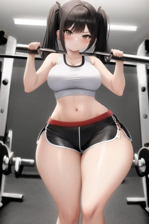 masterpiece, best quality, 1girl, (black hair, long hair, twintails:1.2) brown eyes, cute, gym, (tight gym shorts, tight gym tank top:1.4), (slim waist, curvy, thick thighs, wide hips:1.1)