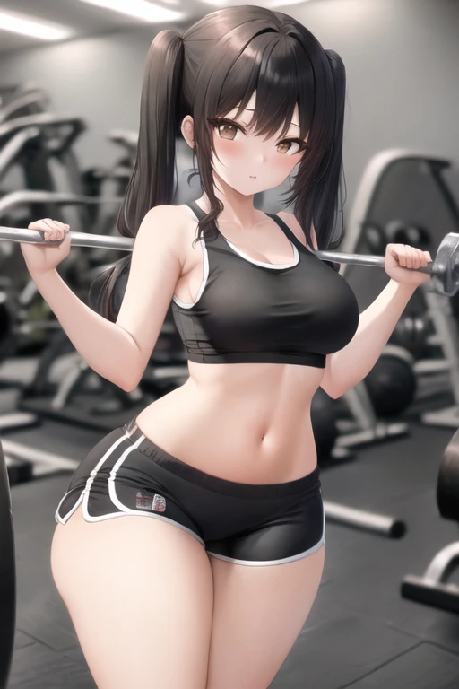 masterpiece, best quality, 1girl, (black hair, long hair, twintails:1.2) brown eyes, cute, gym, (tight gym shorts, tight gym tank top:1.4), (slim waist, curvy, thick thighs, wide hips:1.1)