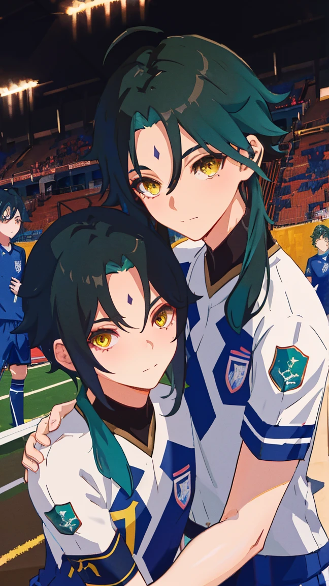 2 boys,dark green hair,highest quality,masterpiece,excessive,male focus,yellow eyes,beautiful eyes,beautiful boy,School,between men,Spouse,soccer club members,Blue soccer uniform,soccer,high school,soccer uniform,blue clothes,soccer court,teammate,same clothes,shoulder to shoulder,feminine,good friend,best image quality,