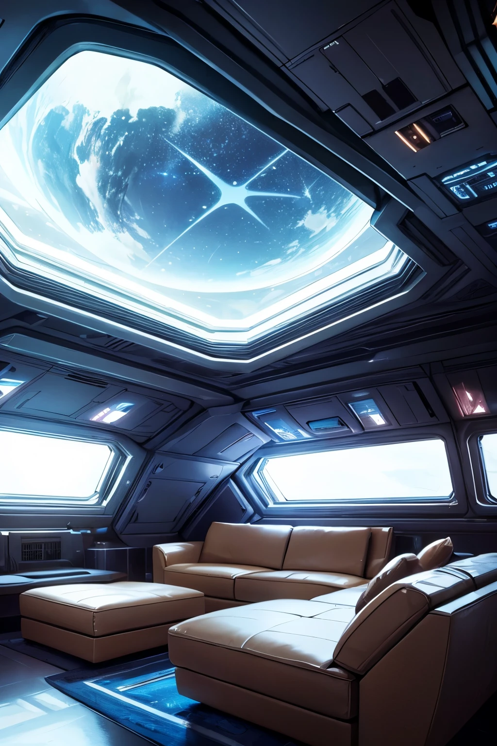 Spaceship livingroom. Cozy comfortable luxiruos livingroom. Sci-Fi. Big window. In the space. Stars