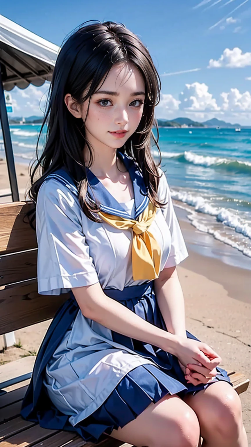 ((最high quality, 8K, masterpiece: 1.3, Ultra HD, high quality, 最high quality, High resolution, realism)) 、An extremely beautiful 18-year-old Japanese woman、hair color is black、Iriedium Hair、Straight Hair、smile、Slender but well-proportioned, slim and muscular body、Athlete-like body type、I want my head to stay off screen、Walk on a high seawall at the beach、I put my hand on my forehead and look at the sea、The blue sky is beautiful、There is an entrance cloud、It's summer、Sailor suit((Summer clothes))wear、Wear a navy blue pleated skirt、wear loafers、There is a bus stop that looks like a hut on the coastline road where you can see the ocean.、Sit on a bench at the bus stop、The sea breeze feels good