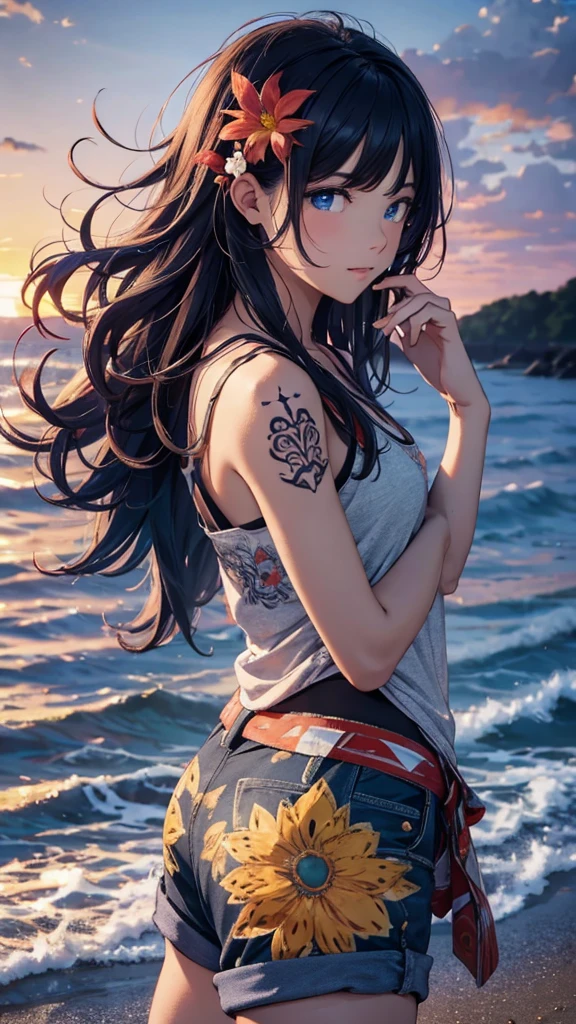 (masterpiece, best quality, ultra detailed, ultra high resolusion, highres,8k:1.4), BREAK,(from side:1.2), 20_years_old, 1giri standing-at-the-edge-of-the-waves,smile, beach, (looking away:1.7), (dark_skin:1.2),(tribal_tatoo:1.2),(wavy hairs),(messy hair),(asymmetry bangs),(multicolored hair),
Tsurime Eyes, (((blue eyes))),
((flower hair ornament)),(shortpants,tanktop:1.4), (sunset:1.3),
