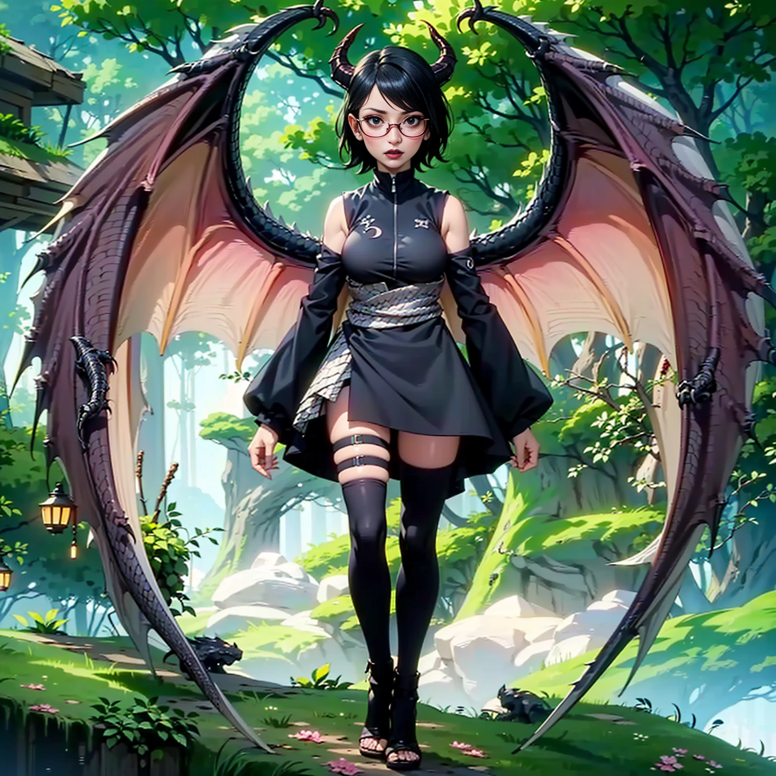 (1girl, Alone, alone), (WakatsukiRisa, Sarada uchiha, black hair, short hair, Black eyes, red glasses), ((Alone, (1woman, (big breasts) pink lipstick, Black eyes), extremely detailed , Soft ambient lighting, 4K, perfect eyes, a perfect face, Perfect Lighting, the 1 girl)), ((fitness, , shapely body, athletic body, toned body)) , ((black dress, long sleeve, dragon wings, horns, forest, palace background,open wings, dragon scales, dragon woman))