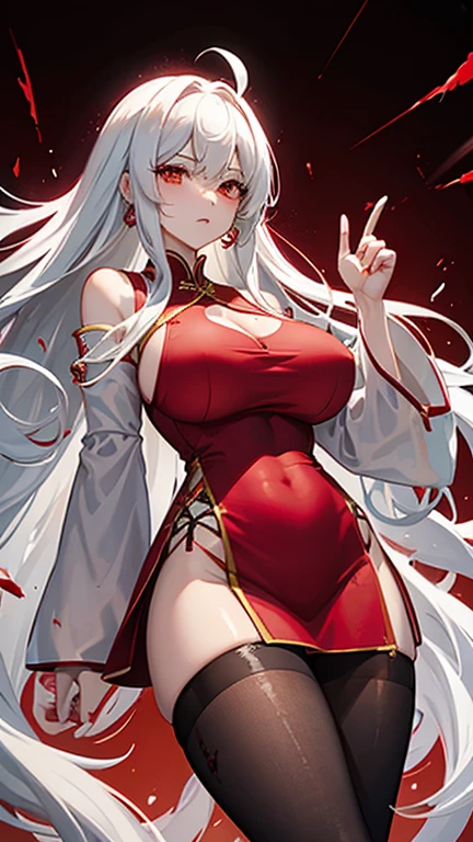 torn red cheongsam，long white hair，Low-cut clothes，Huge breasts，Torn black pantyhose，groin，胸前Holes in clothes，胸前Clothes Damaged，Holes in clothes，Clothes Damaged，Battle damage，severely injured，Wipe the blood from the corner of your mouth with your hand