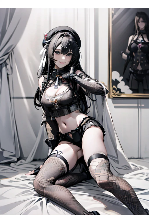 ubel,((ubel of Frieren: Beyond Journey's End )),dark green hair,long hair,side ponytail,hair between eyes,bangs, (miritary beret, black jacket, open clothes, cleavage, midriff, black shorts, black thighhighs, thigh strap, fingerless gloves, single glove:1.2) , (dynamic angle:1.3, front view:1.1, breast focus:1.3, from below:1.2), (dynamic posing:1.5, sexy posing:1.2, leaning forward), (seductive smiling:1.3),(*K) HD, highest quality, WorKs of masters, High resolution, spread legs, panties shot,1 girl, small nose,(with sparkling eyes and a contagious smile), very beautiful detailed face and eyes, bright colors, cute face, delicate beautiful face, Bright magenta eyes, cute eyes, sparkling eyes, Big eyes, (big breasts:1.3), (perky chest:1.1), (pointed chest:1.0), medium hips, glamorous body, white skin, smile, thin pubric hair, shiny hair, super beautiful face, Super beautiful eyes, Super beautiful hair,trendy outfit,sexy and attractive,explosion of colors,big hairpin,full body esbian,illegal occupation, Real World, Natural light,perfect Natural light,looking at viewer,