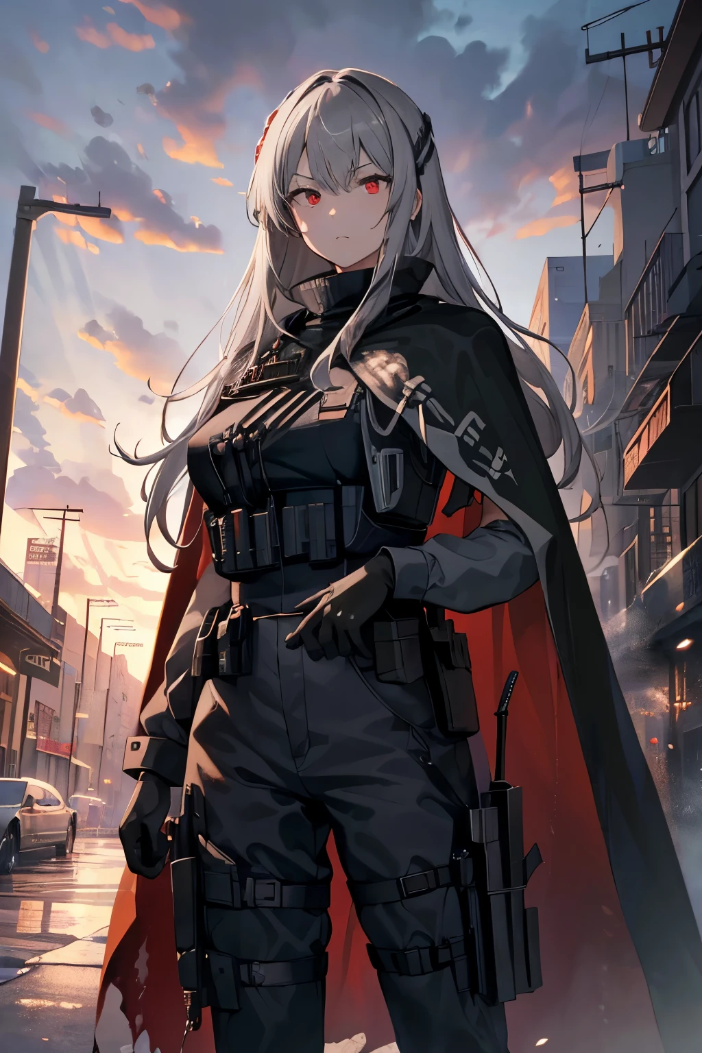 (best quality:1.3), (masterpiece:1.3), (illustration:1.3), (ultra-detailed:1.3), (mid shot:0.9), 1girl, large breasts, red eyes, long hair, ((military uniform, gray hair, cape)), nice hands, perfect hands, black coat, elegant, black uniform, long pants, hands on sides, evelyn, bangs, long hair, soldiers, serious expression, tall, mature, holster, long sleeves, blood, bloody, tactical vest,