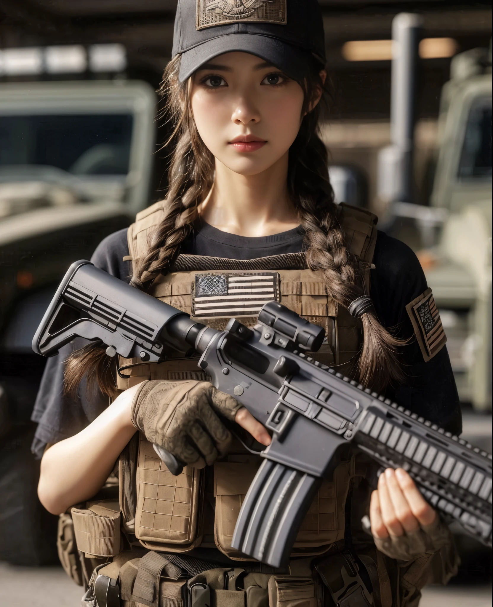 (best quality,8k,photorealistic:1.37),realistic skin texture,beautiful Japanese American Navy SEALs female member,automatic rifle,breaching team,faces,front of a personnel transport van,cap,braids,military pants,boots,tattoo,black T-shirt,body armor,looking through the window of a car from the outside,talking to the driver,toned physique,interesting composition