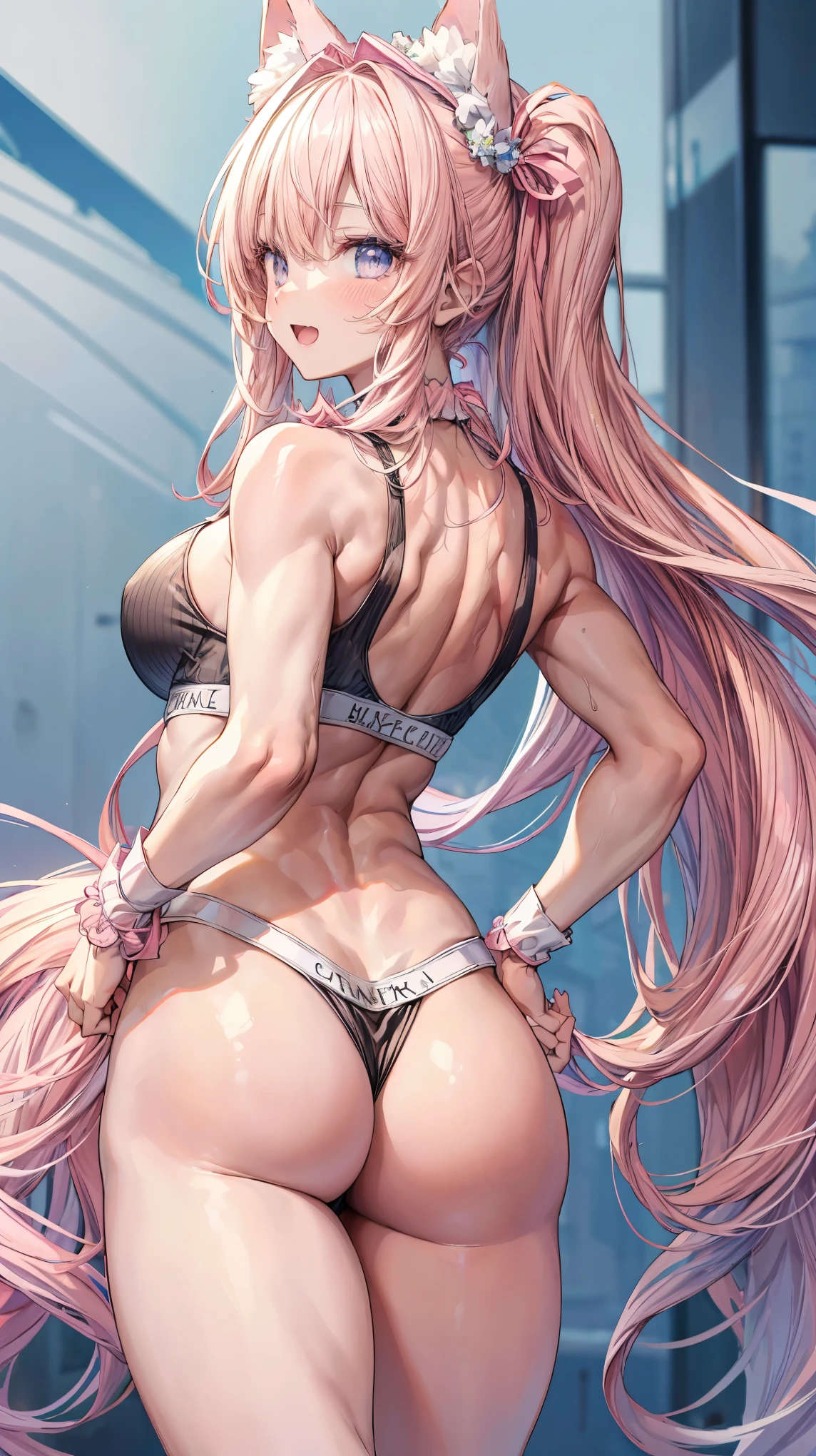Super detailed、highest quality、Best image quality、masterpiece、8K、Anime Face、A kind smile、Open Mouth、Sparkling Blue Eyes、Long blonde curly hair、Cat ears grow、Wearing a frilly headband、(SFW huge body)、(((Rear view)))、Cowboy Shot、(Wearing a pink thong:1.5)、Muscles of the whole body、Hands on hips、emphasizes the buttocks