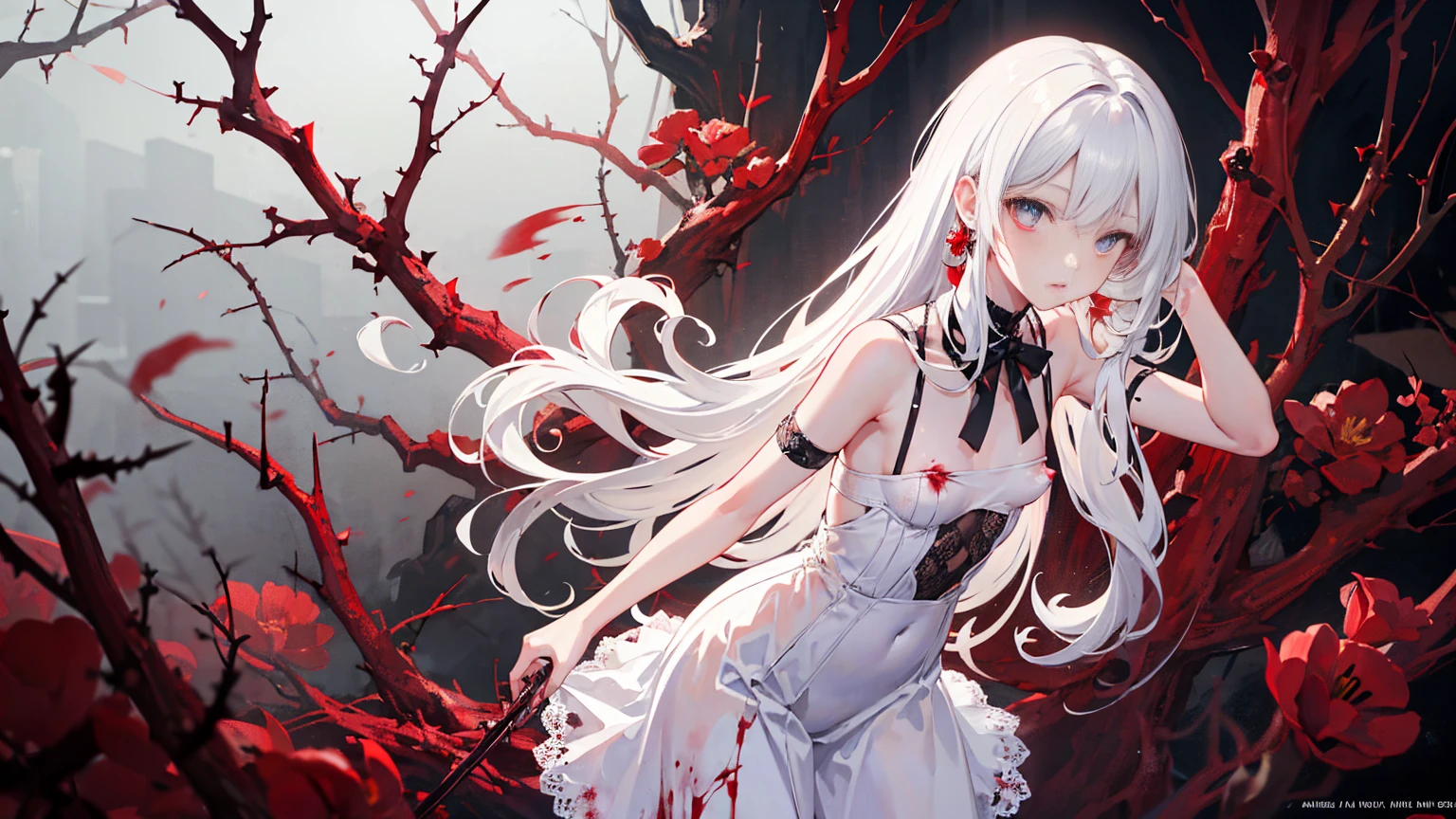 individual,masterpiece, Top quality, Very detailed, Unity 8K Wallpaper,Standing,Lean forward,yandere,yandere笑,flat chest,White long hair,Royal sister,White translucent lace nipple cover,Blood,Blood red thorns,Blood-colored pupils,Blood,nipple