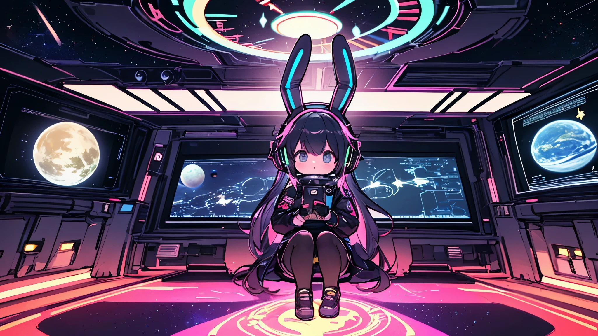 Long distance shot,insanely detailed, best quality, A cute rabbit is wearing headphones, space, planet, fantasy, cyberpunk, vibrant academia, in the style of psychedelic