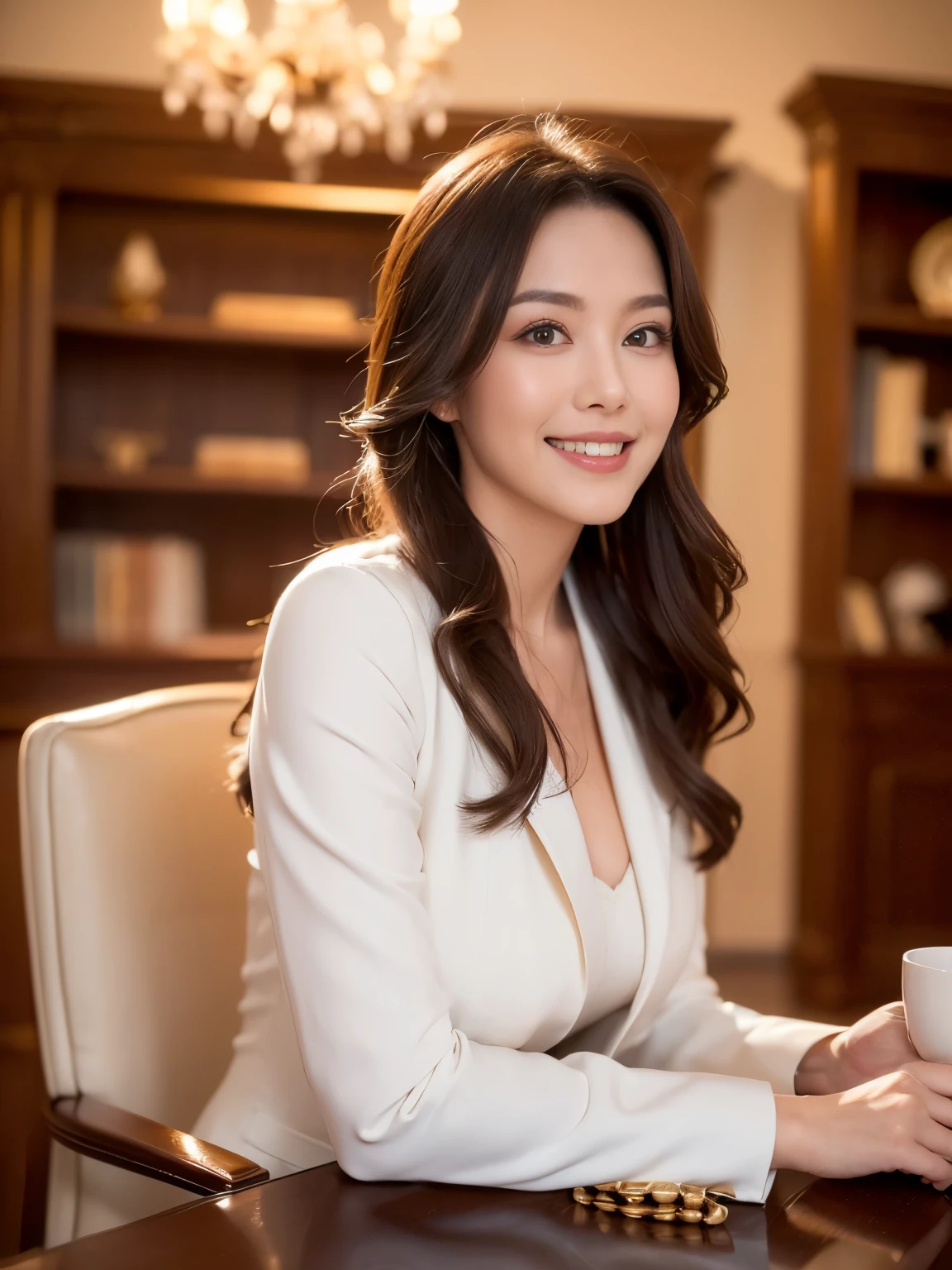 ((highest quality、Tabletop、8k、Best image quality))、((One mature woman、She holds the most luxurious CEO position&#39;office、Standing Elegantly、Secretary with elegant posture))、(1 photo:1.5)、(photo of woman&#39;s upper body:1.5)、(female cowboy shot:1.5)、(Hair Bun、Grey suit、White Formal Blouse)、(The most luxurious and luxurious royal VIP room、bright lighting of chandelier、The most luxurious and luxurious desk、The most luxurious and luxurious glass showcase、the most luxurious and luxurious chair、the most luxurious and luxurious carpet、The most luxurious and luxurious bookshelf、the most luxurious and luxurious curtains)、Perfect ???????、Beautiful Teeth、sad smile、Detailed face、[[Big ample breasts]]