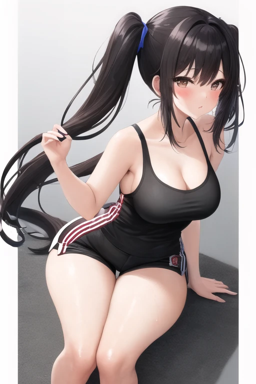 masterpiece, best quality, 1girl, (black hair, long hair, twintails:1.2) brown eyes, cute, gym, (tight gym shorts, tight gym tank top:1.4), (slim waist, curvy, bottomheavy, gigantic thighs, wide hips:1.2)