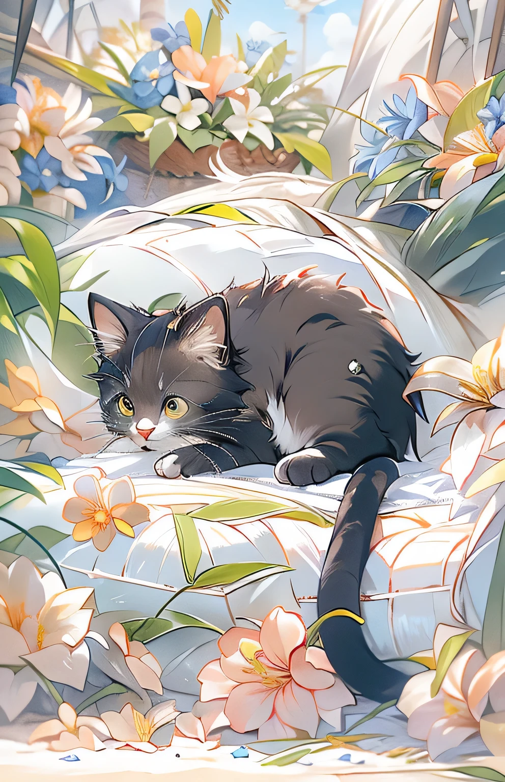 ((highest quality)), ((masterpiece)), (Get used to it),  Cat , Lots of flowers in the background , Are sleeping ,