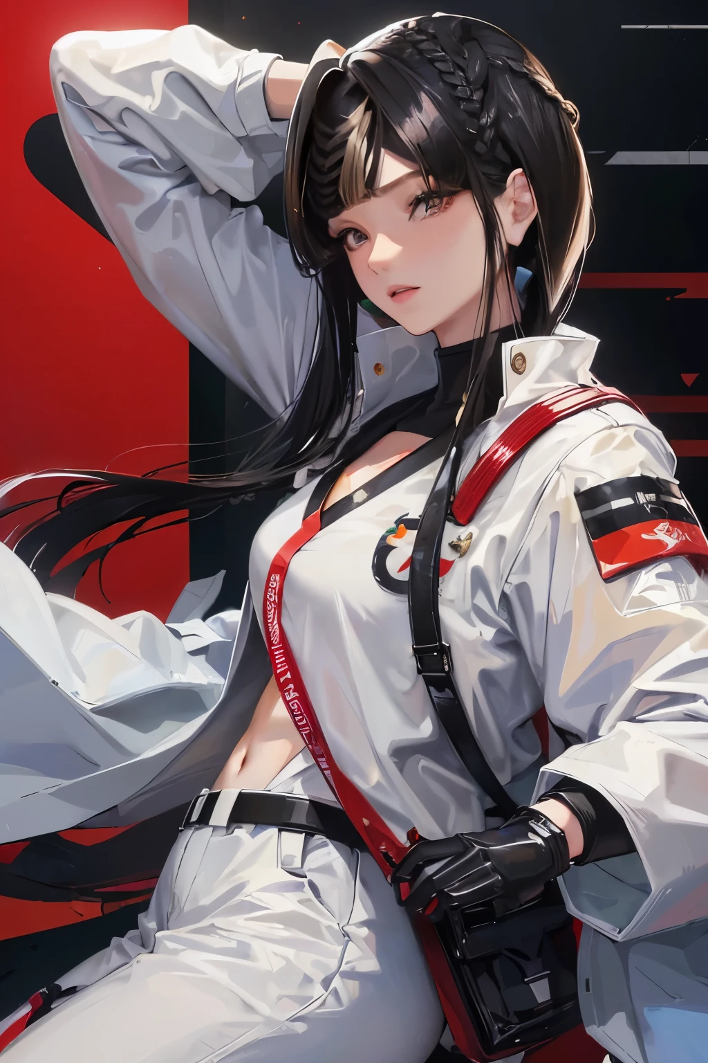 Movie海报,Anime Reference 86 ,Science Fiction小说,Science Fiction,Movie,War Action Movie,multiple characters,woman,Adults,Black Hair,(Pia Bangs Hairstyle : 1.8 ),wearing red glasses,General,white commander,Realistic facial details