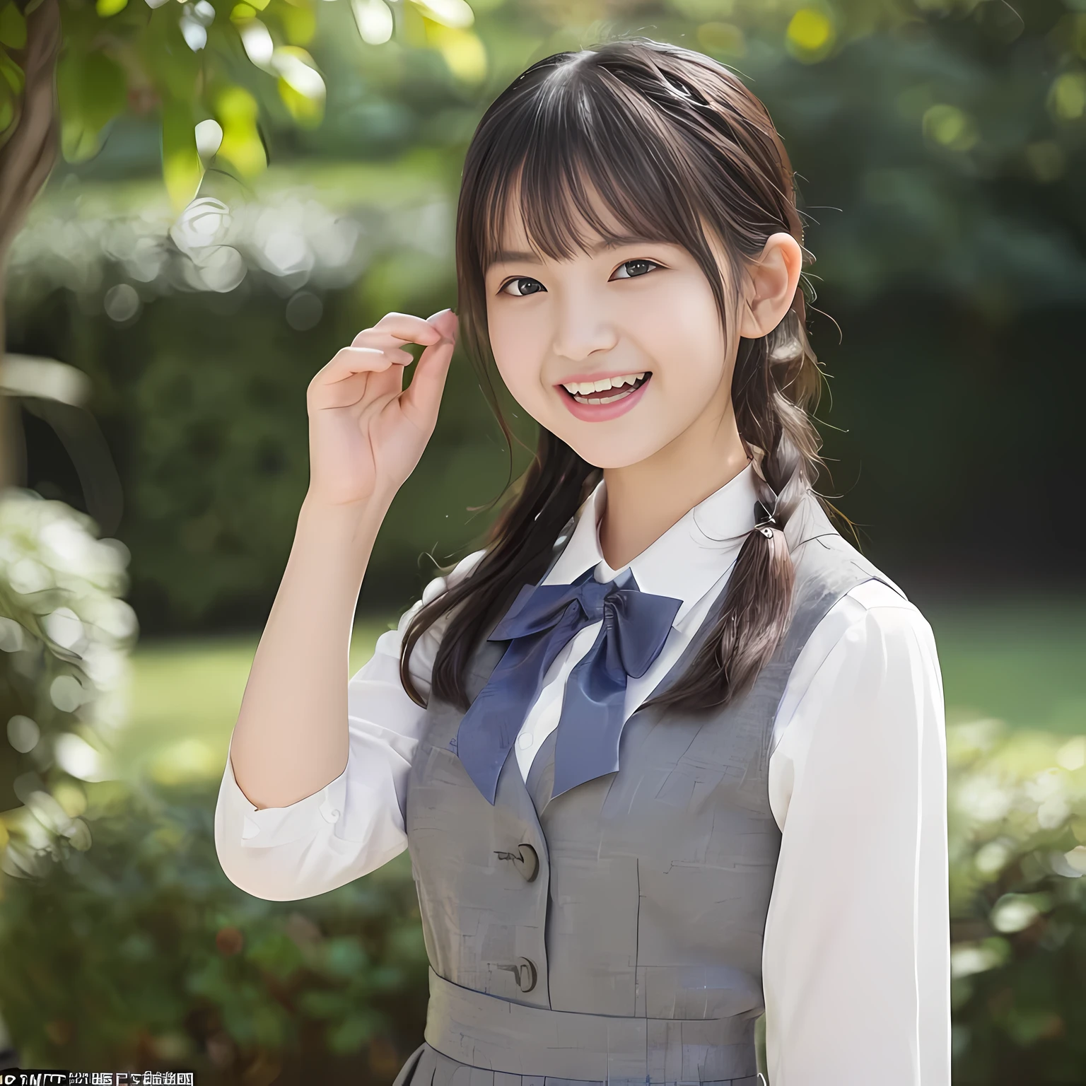 (highest quality、masterpiece:1.2)、highest quality、Realistic、photograph、High resolution、1080p、8K、The face is especially pale., Physical Rendering、((Height: 155cm)), one Japanese girl、((((((A 14-year-old Japanese beautiful girl in the form of a fashion model.)))))), school summer uniform, ((((((She is a beautiful Japanese fashion model who is trying to captivate and dominate viewers with her beauty.)))))), (((big very detailed beautiful dark brown eyes))), ((((impressive plain blue girly large school ribbon bow tie)))), (((black very beautiful and very very long braids or very very long hair))), ((((cute gray box-pleated skirt)))), ((A gray school vest)), ((ivory blouse with puffed short sleeves)), (((((((laughing at me!))))))), Mouth open, detailed fingers, ((curled bangs)), Very beautiful succubus, ((Very large and very very very cute eyes of a Japanese girl, drawn with great care and attention to detail.)), double eyelids, Thin eyebrows, ((drooping eyes)), (((very long eyelashes))), ((cute lovely lovely laughing laughing cheeks)), ((Pure white light hits her face from above and in the front, making her skin and eyes shine beautifully.)), ((Strong light hits the nose and cheeks、It brings out the richness of the expression.)), (((((Her facial features are very expressive lovely smile, very very pure, very very intelligent.))))), ((tilting one's head))