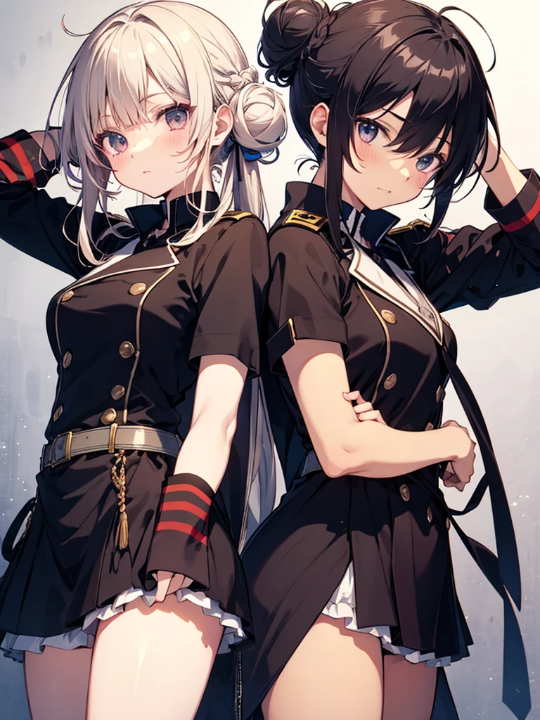 (Best quality),(Detailed), (2 girls),Kizi,white thighhighs, short detailed hair,Medium breasts,JK school uniform,beret,Look at each other