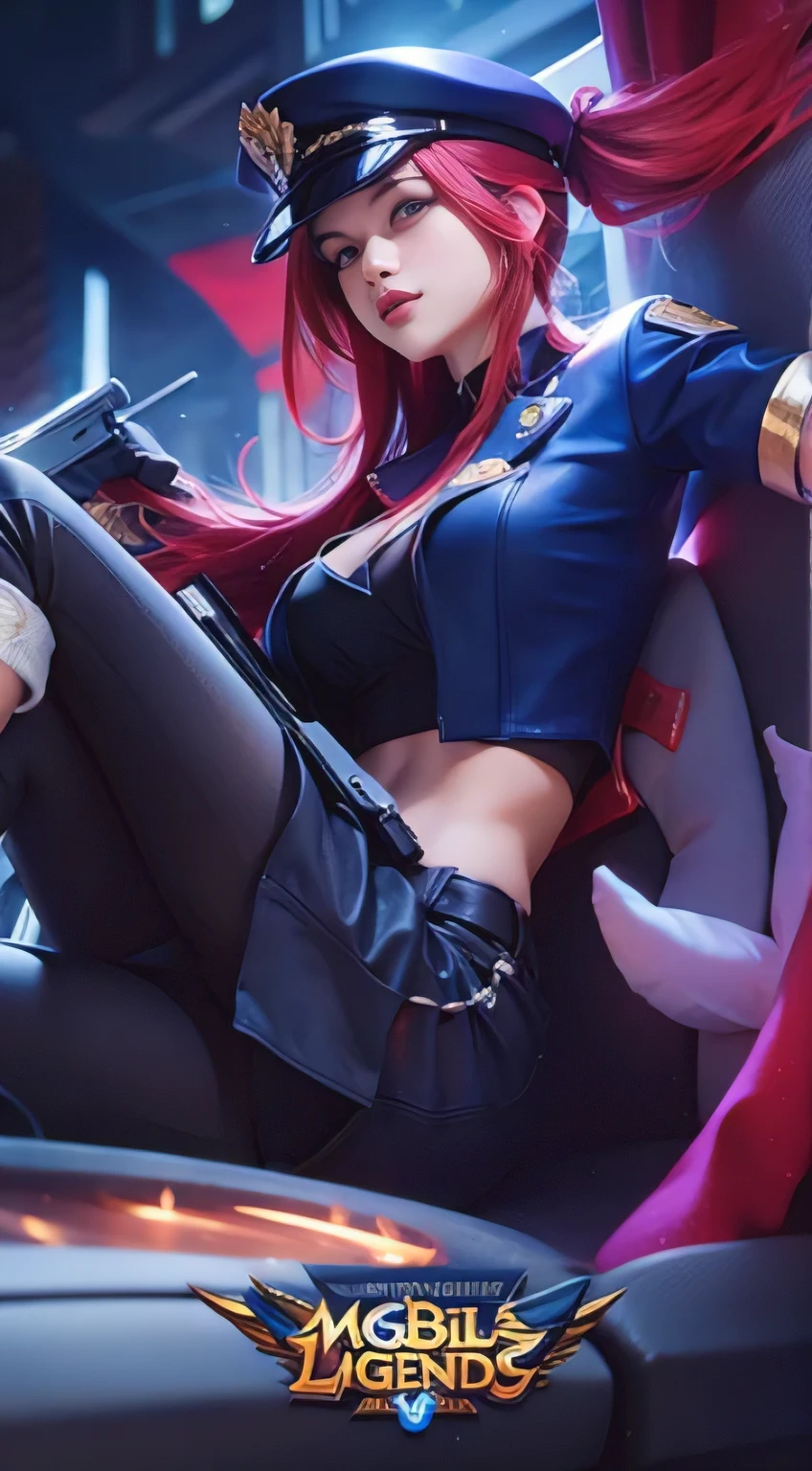 a close up of beautiful girl in a uniform holding a gun, mobile legends