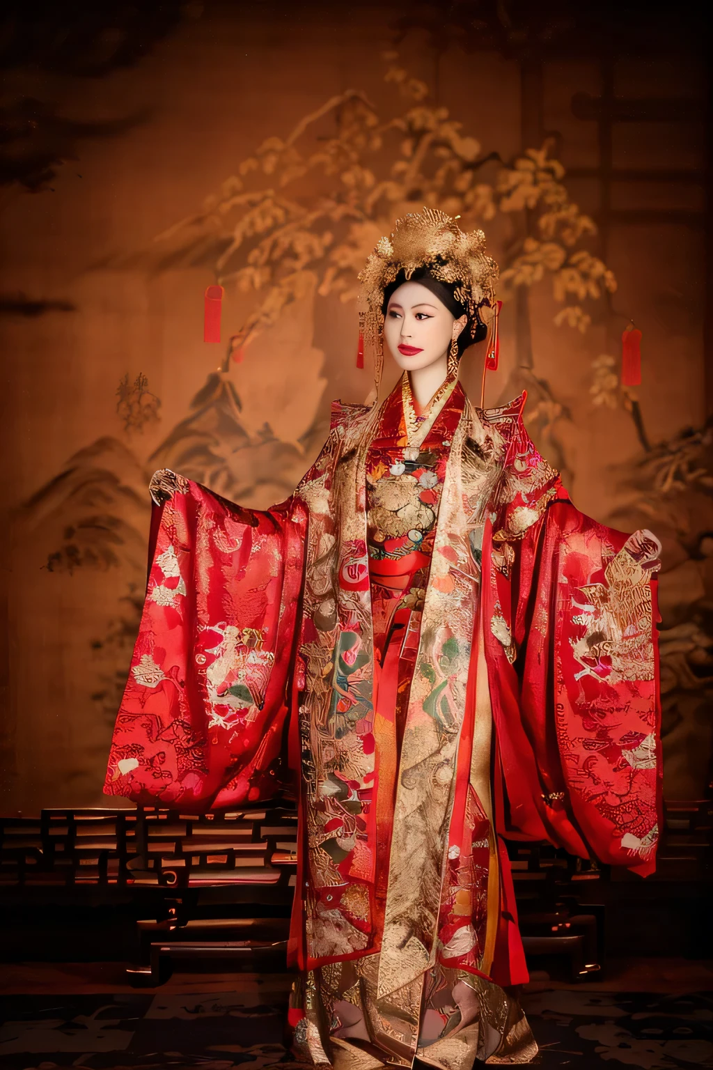 Wearing a red and gold dress、Arafad woman wearing a golden crown, Queen of China, Wearing ancient Chinese clothes, ancient Chinese Princess, Chinesedress, Chinese Princess, palace ， girl wearing hanfu, traditional Chinese clothing, Wearing a golden robe, Wearing gorgeous silk clothes, beautiful fantasy queen, ancient chinese goddess, asian dynasty princess, traditional Chinese, Peking Opera