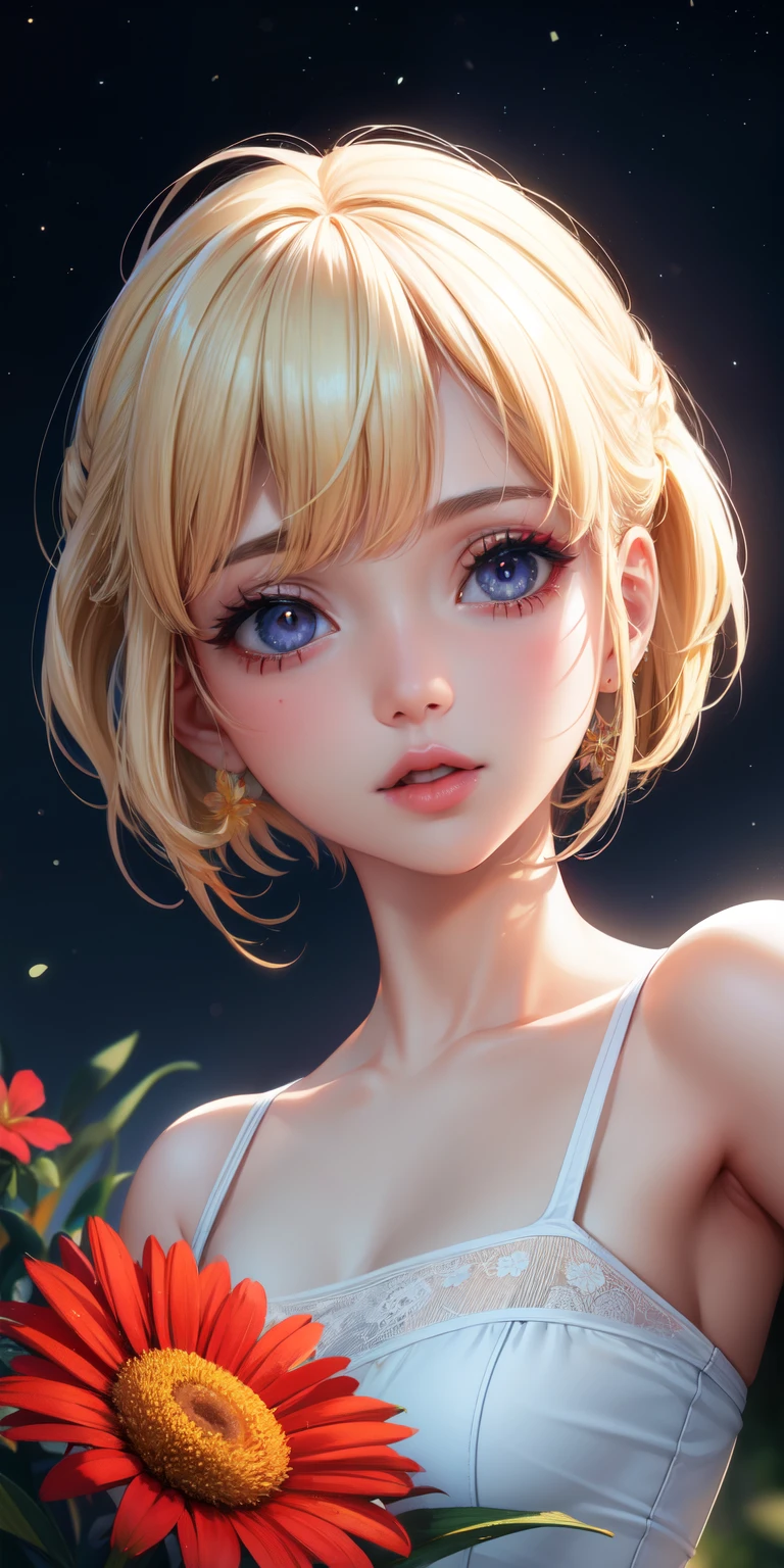 realista, 1 chica, pelo blanco, ojos morados, ojos brillantes, top corto, Falda, Labios partidos, rubor, noche, flores, sol, sollight,